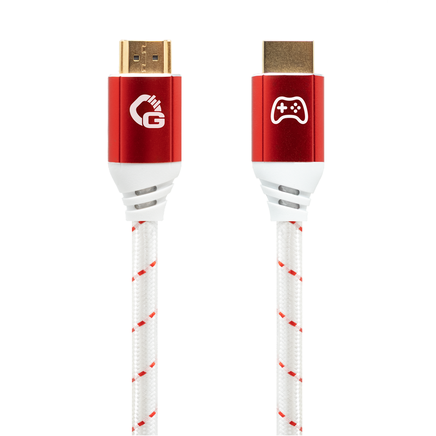 Zwei HDMI-Kabel mit Goldsteckern. Eines hat ein rot-weißes Design mit einem „G“-Logo, das andere einen Spiel-Controller.