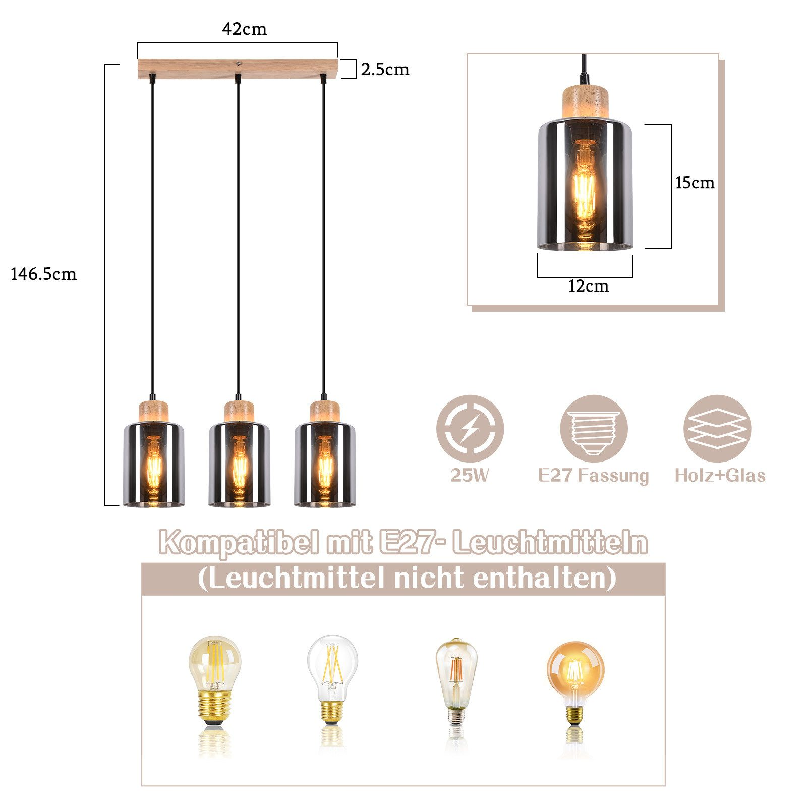Dimensioni della lampada a sospensione e informazioni sulla compatibilità delle lampadine.
