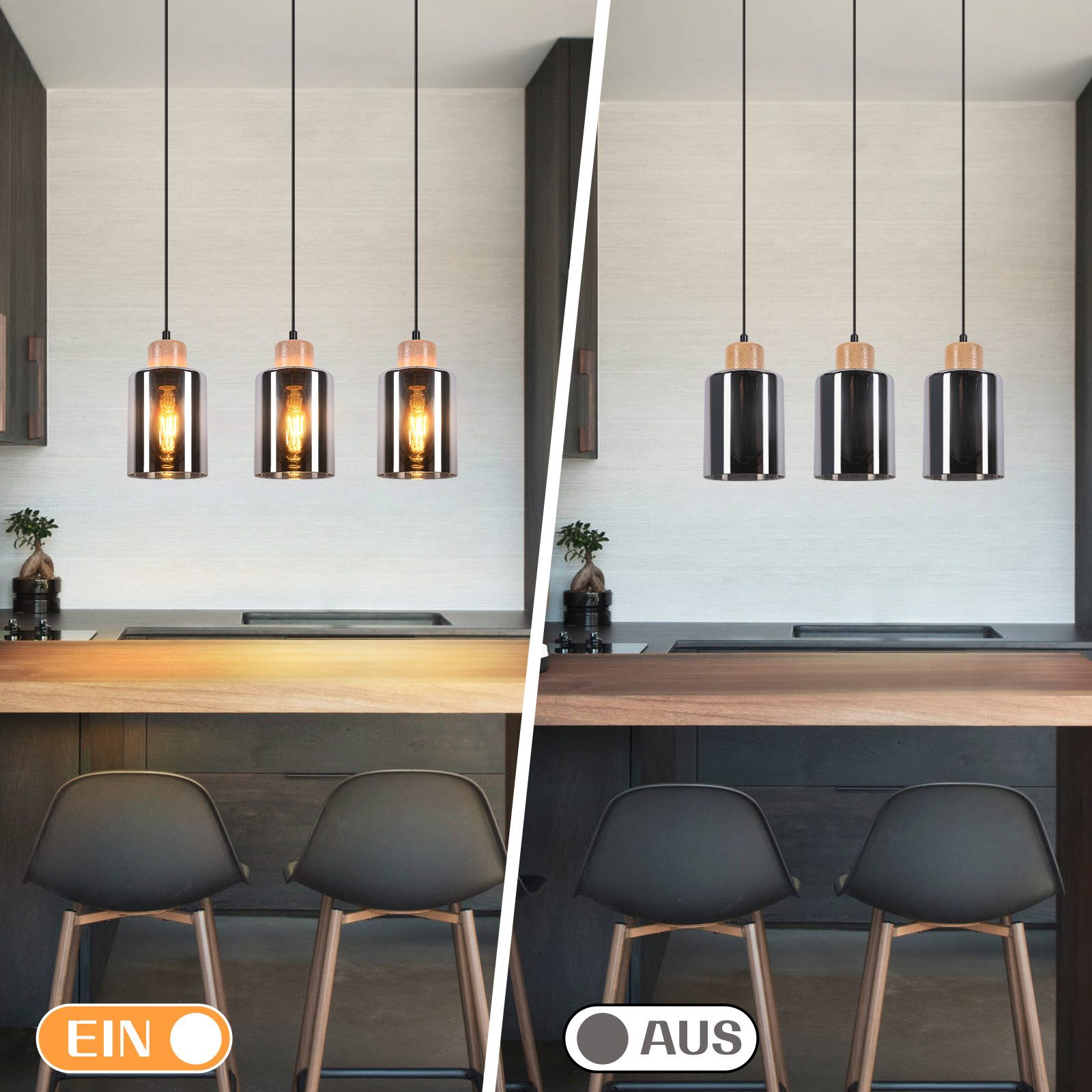 Cucina con tre lampade a sospensione, che mostra le luci accese e spente.