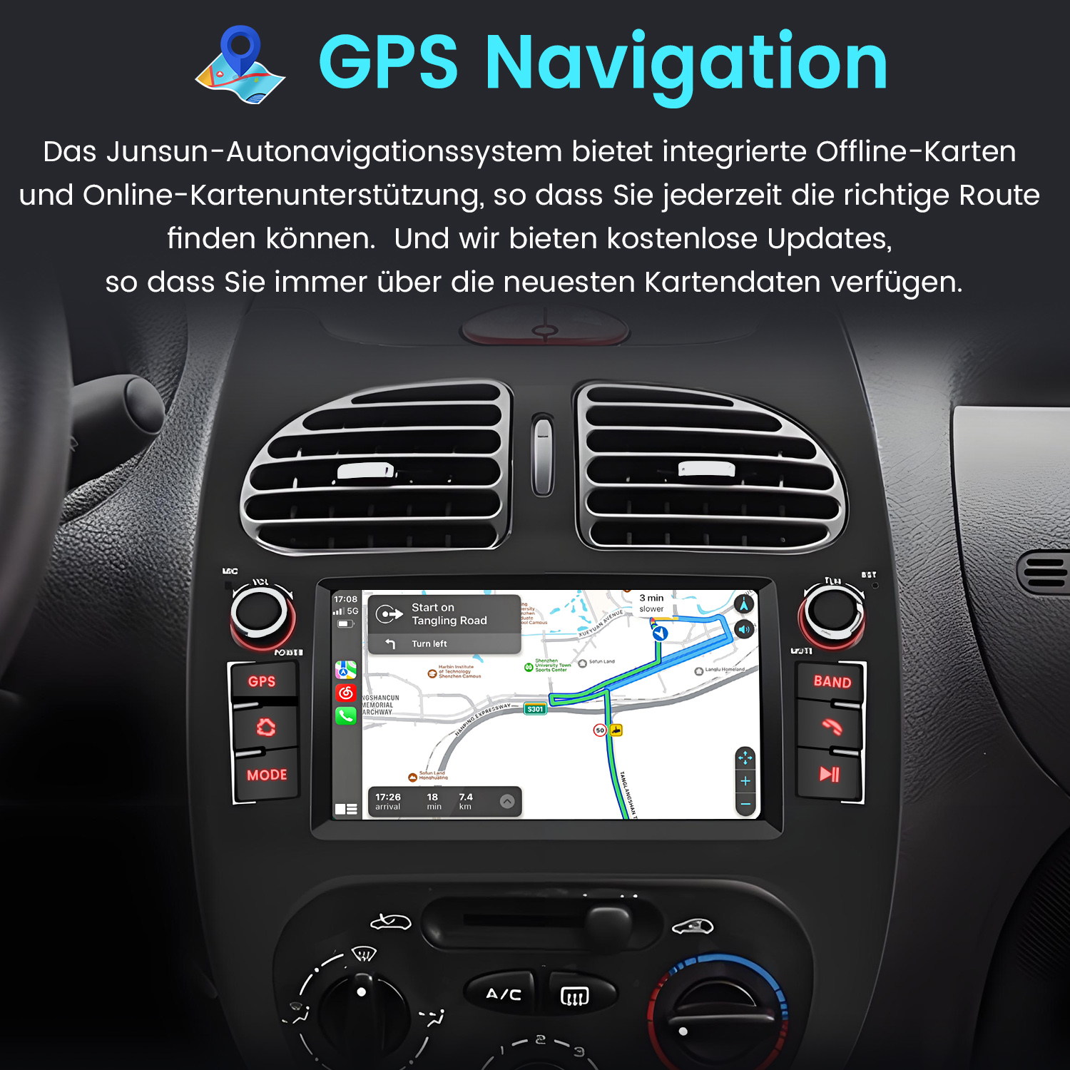 Autoradio-System mit GPS-Navigation auf dem Bildschirm.