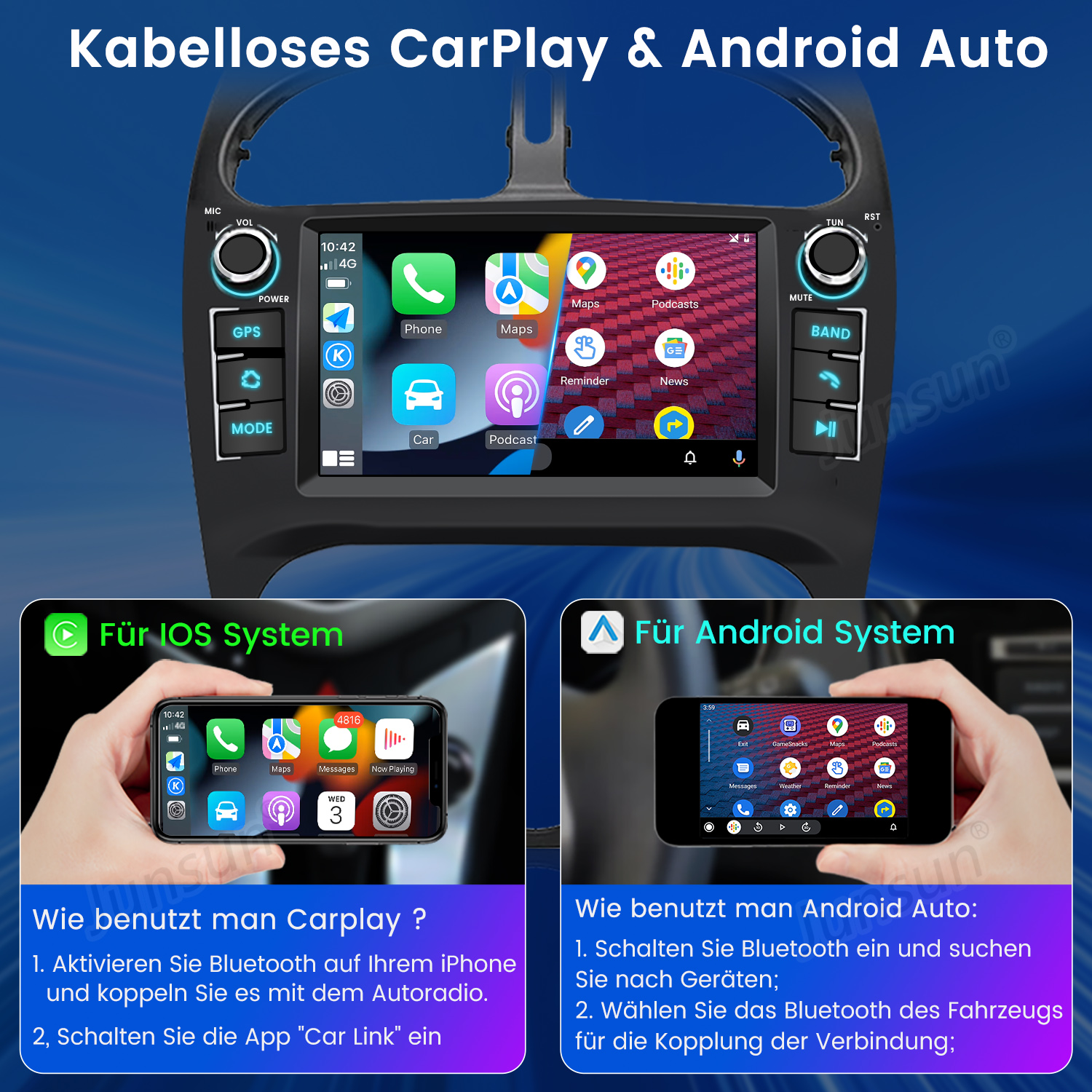 Autoradio-System mit CarPlay- und Android Auto-Schnittstellen.