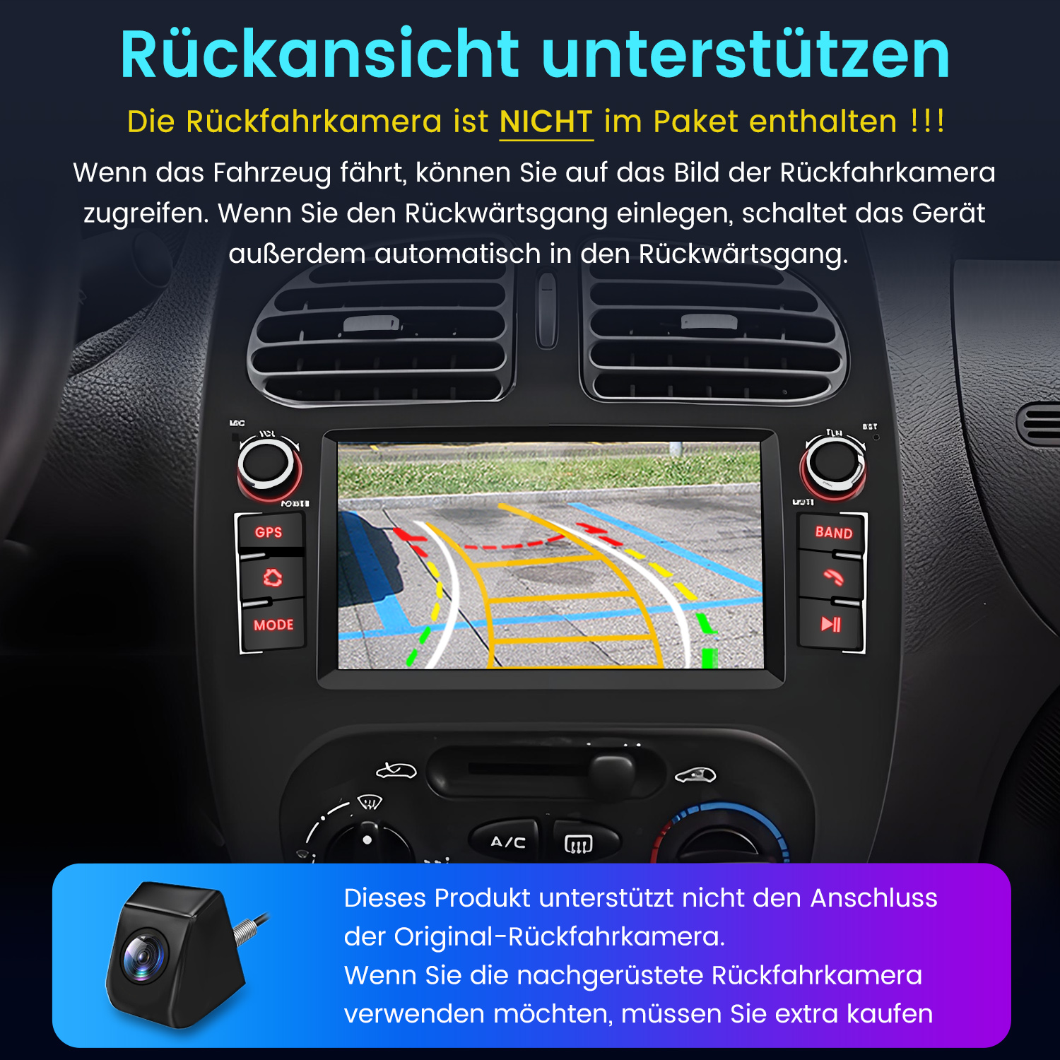 Armaturenbrett mit Rückfahrkamerabildschirm. Kamera unten links gezeigt.