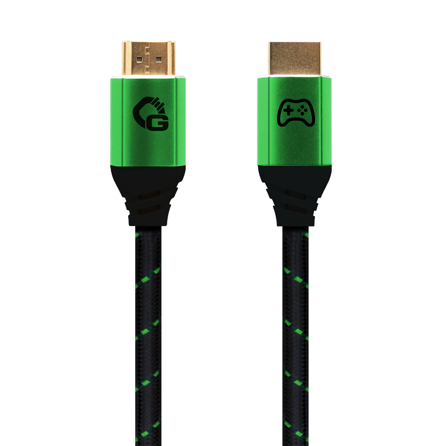 Grüne und schwarze HDMI-Kabelanschlüsse. Jedes Ende hat ein anderes Logo.