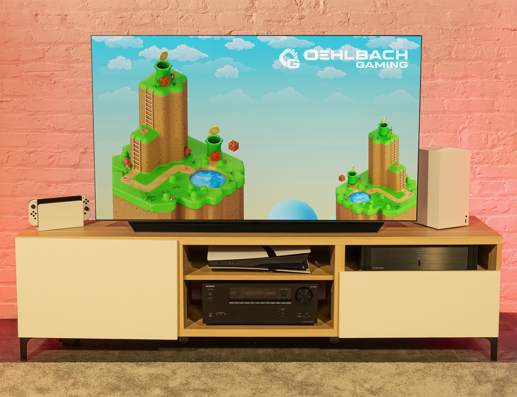 Fernsehbildschirm, der ein Videospiel zeigt. Konsole und Zubehör sind sichtbar.