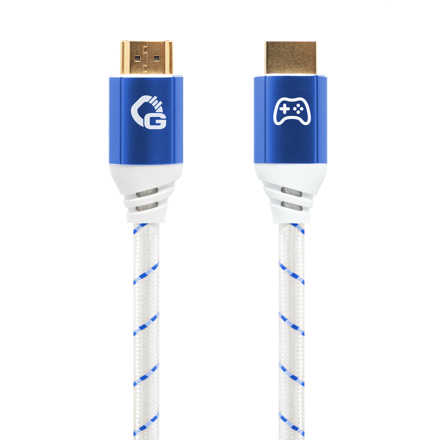 Zwei HDMI-Kabel mit blau-weißen geflochtenen Kabeln und Gaming-Symbolen auf den blauen Steckern vor einem schwarzen Hintergrund.