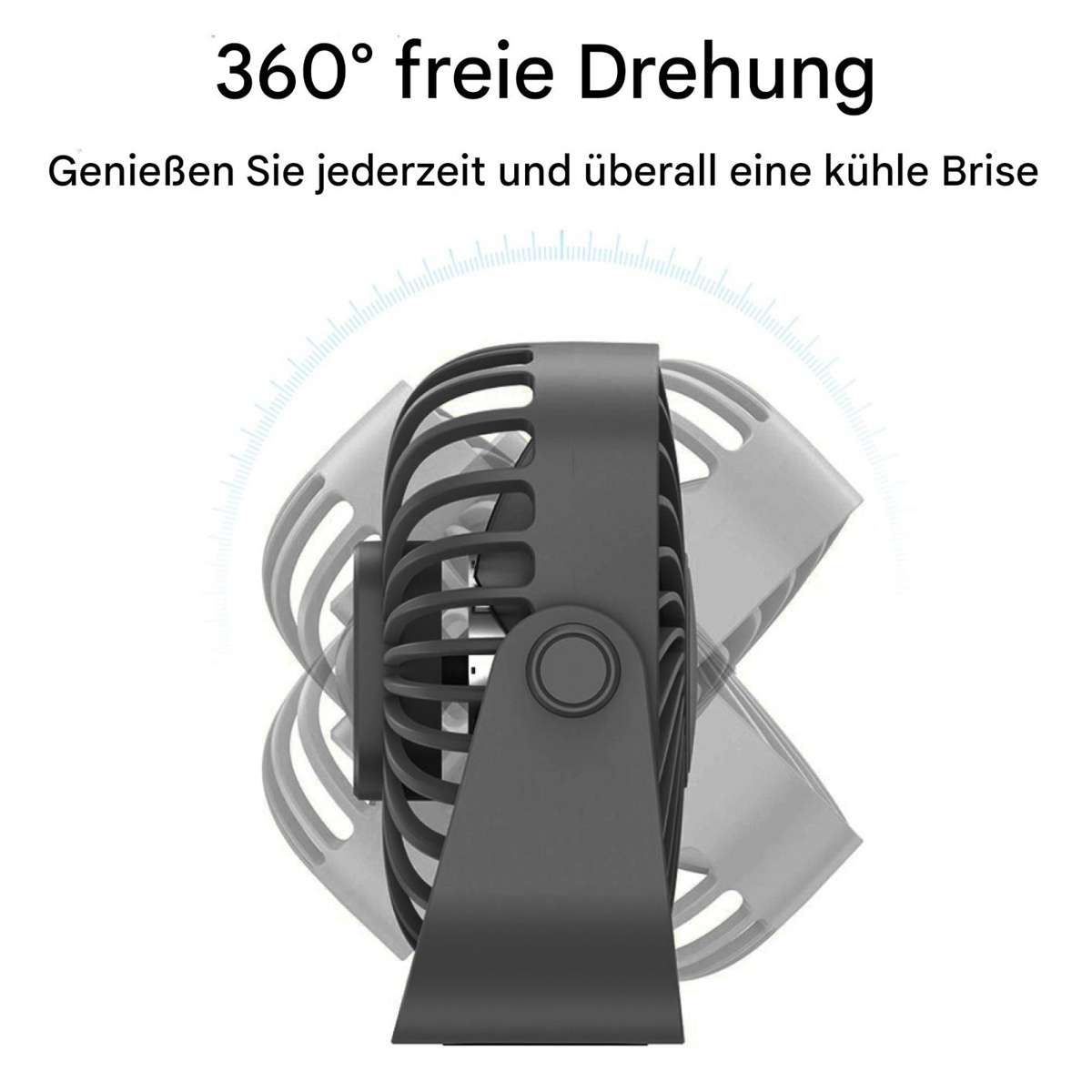 Ein schwarzer Mini-Ventilator, der seine Rotationsfähigkeit mit einem verblassten Bild zeigt und seine einstellbare Funktionalität hervorhebt.