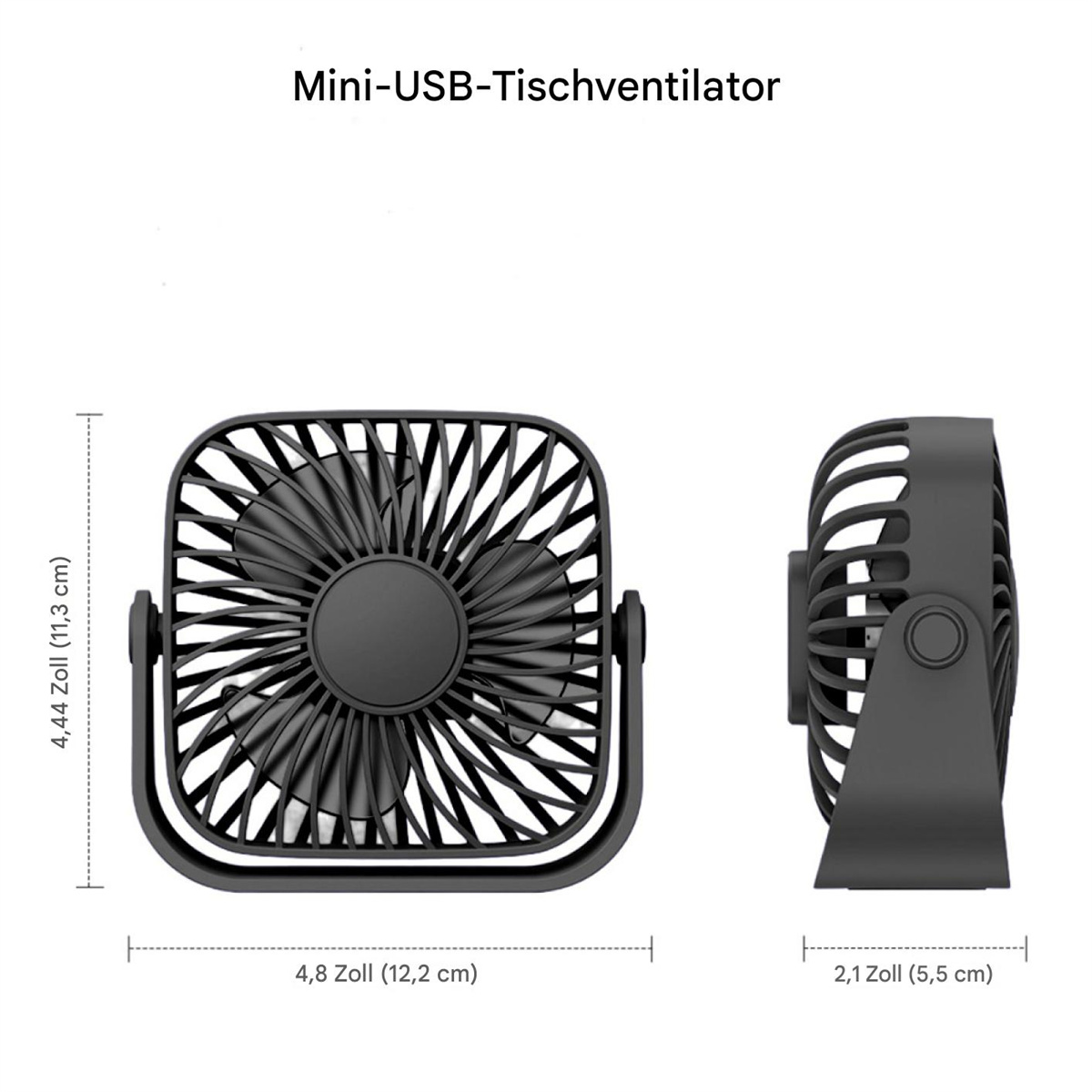 Die Abmessungen eines schwarzen Mini-USB-Ventilators werden angezeigt, wobei seine kompakte Größe für den Schreibtischgebrauch auf weißem Hintergrund hervorgehoben wird.