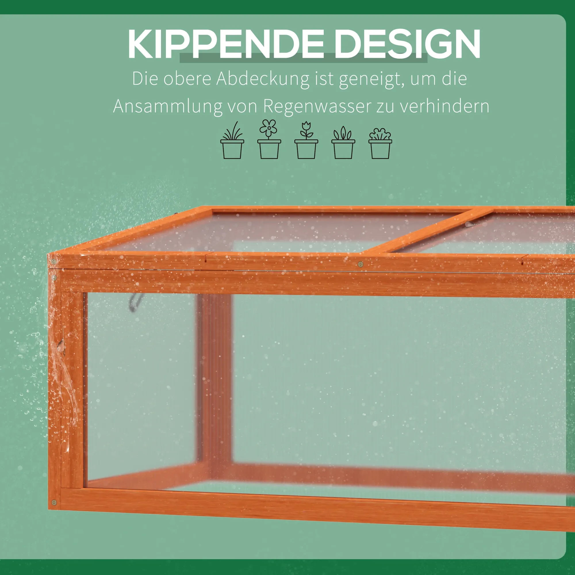 Informationsbild, das den Wasserabfluss auf einem Frühbeetkasten mit geneigtem Design zeigt, um Wasseransammlungen zu verhindern.