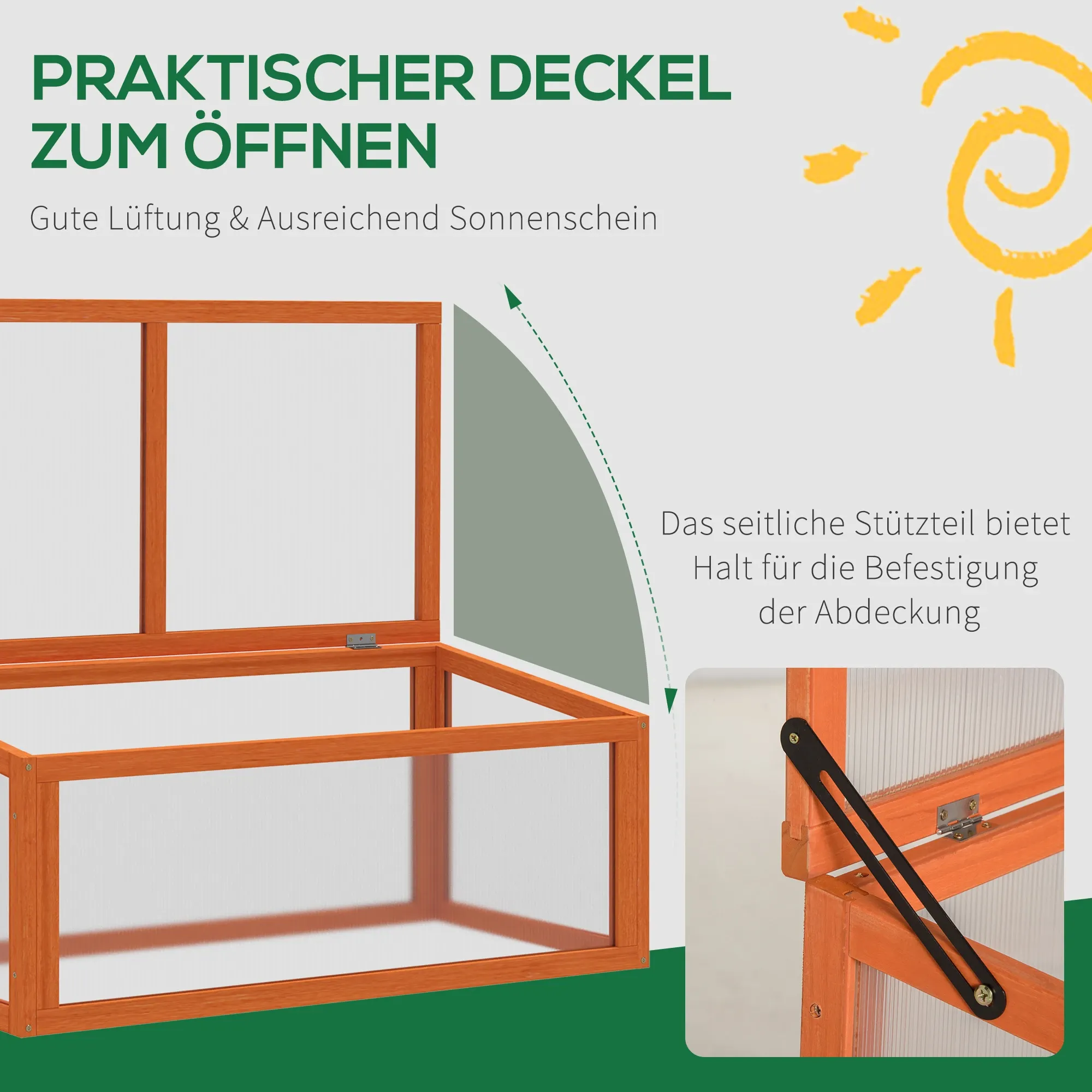 Informationsbild, das eine praktische Deckelöffnung, gute Belüftung und ausreichend Sonnenschein auf einem Frühbeetkasten zeigt.