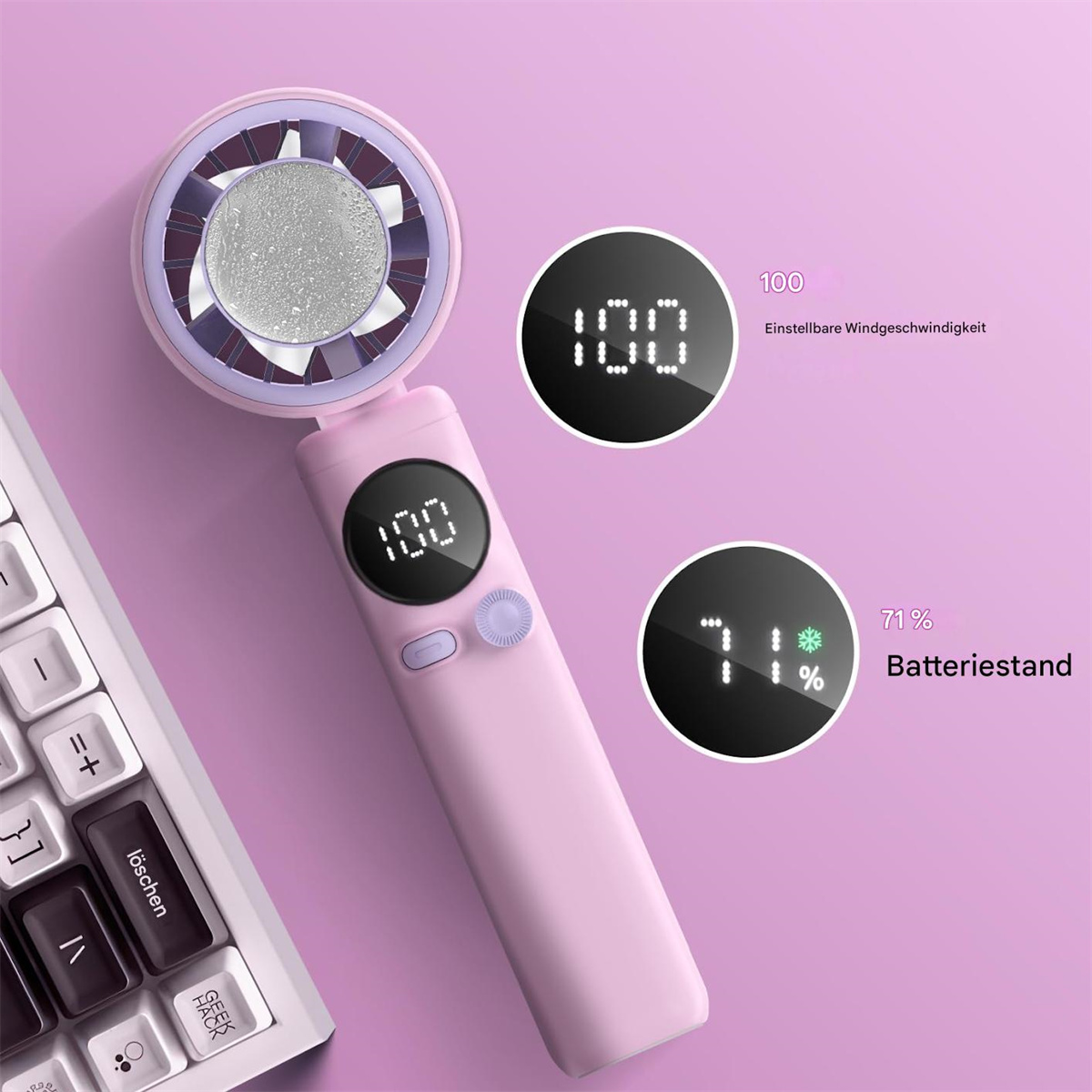 Ein rosa tragbarer Ventilator wird in der Nähe einer Tastatur angezeigt, wobei seine Funktionen und der Batteriestatus hervorgehoben werden.