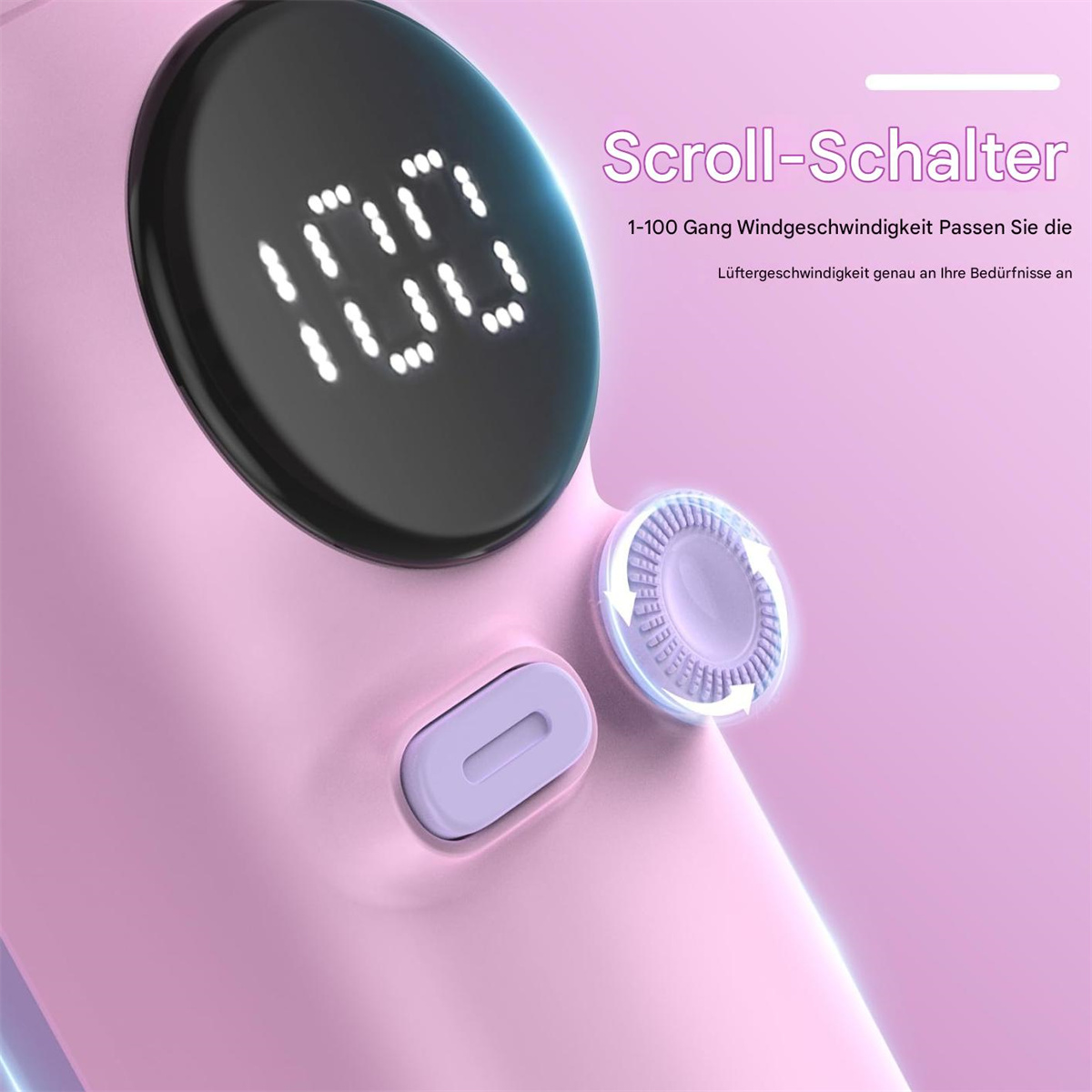 Nahaufnahme der Bedienelemente und des digitalen Displays eines rosa tragbaren Ventilators, das die Einstellungen anzeigt.