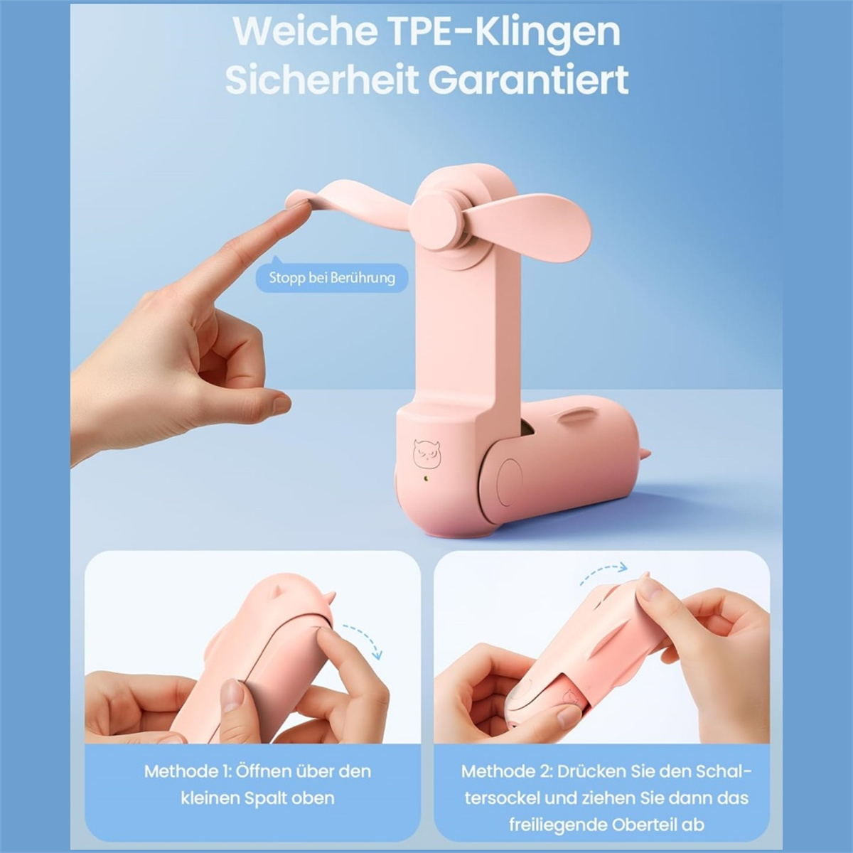 Ein rosa tragbarer Ventilator mit Anweisungen, der zeigt, wie man ihn öffnet und sicher mit weichen Flügeln verwendet.