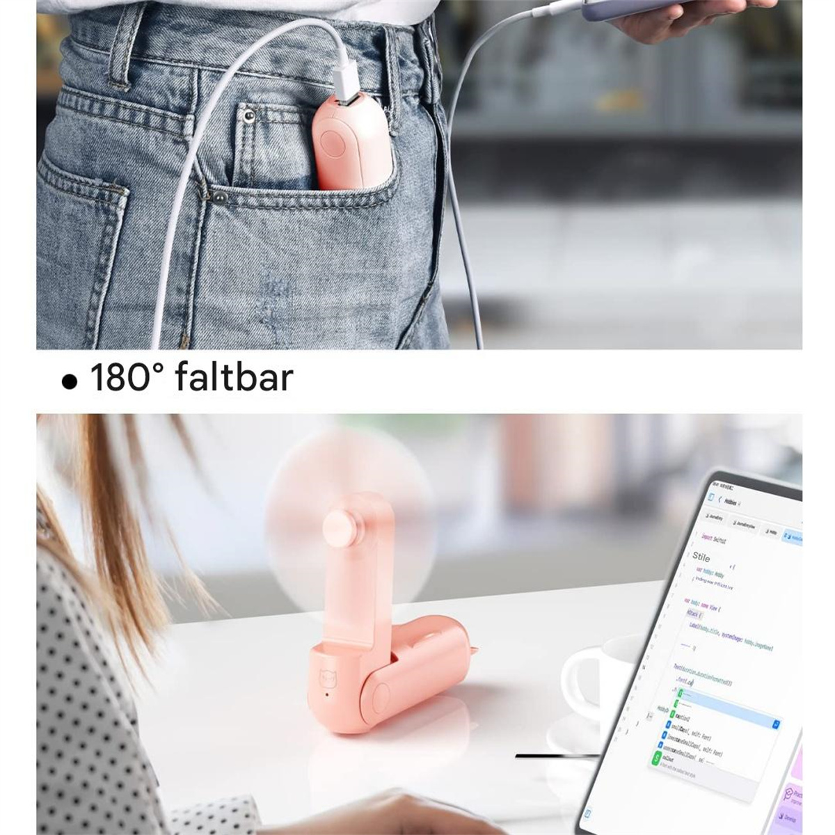 Eine Hand, die ein Telefon hält, mit einem tragbaren Lüfter in der Tasche. Ein anderer Ventilator steht auf einem Tisch.