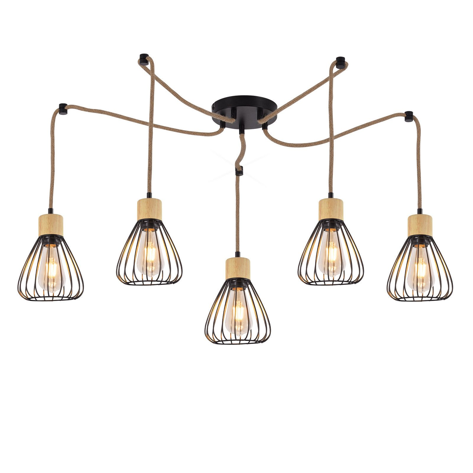 Un lampadario con cinque luci, ciascuna con un design a gabbia nera e accenti in legno, appeso al soffitto.