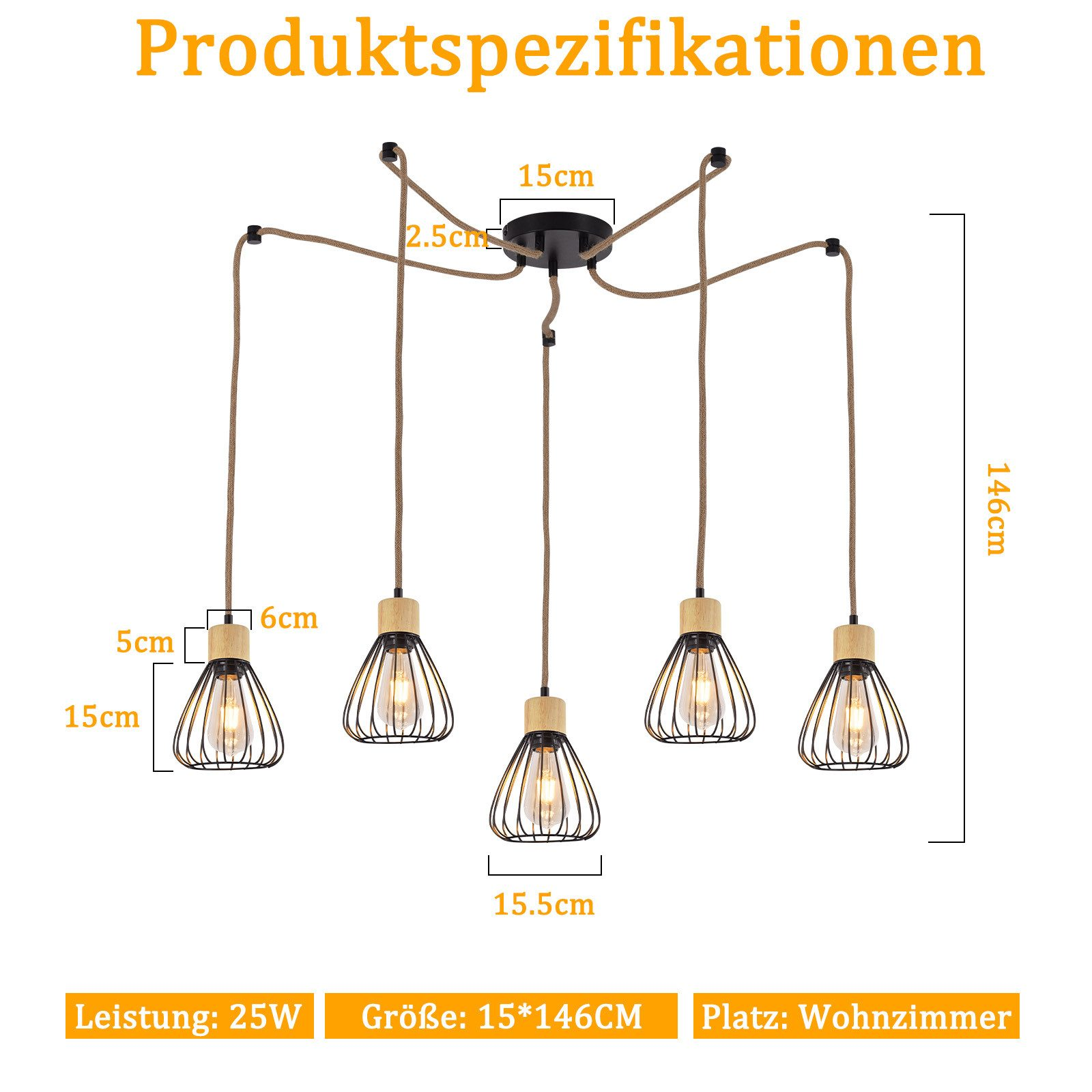 Un primo piano di un lampadario con cinque luci, con le dimensioni mostrate. Le luci hanno gabbie nere e legno.