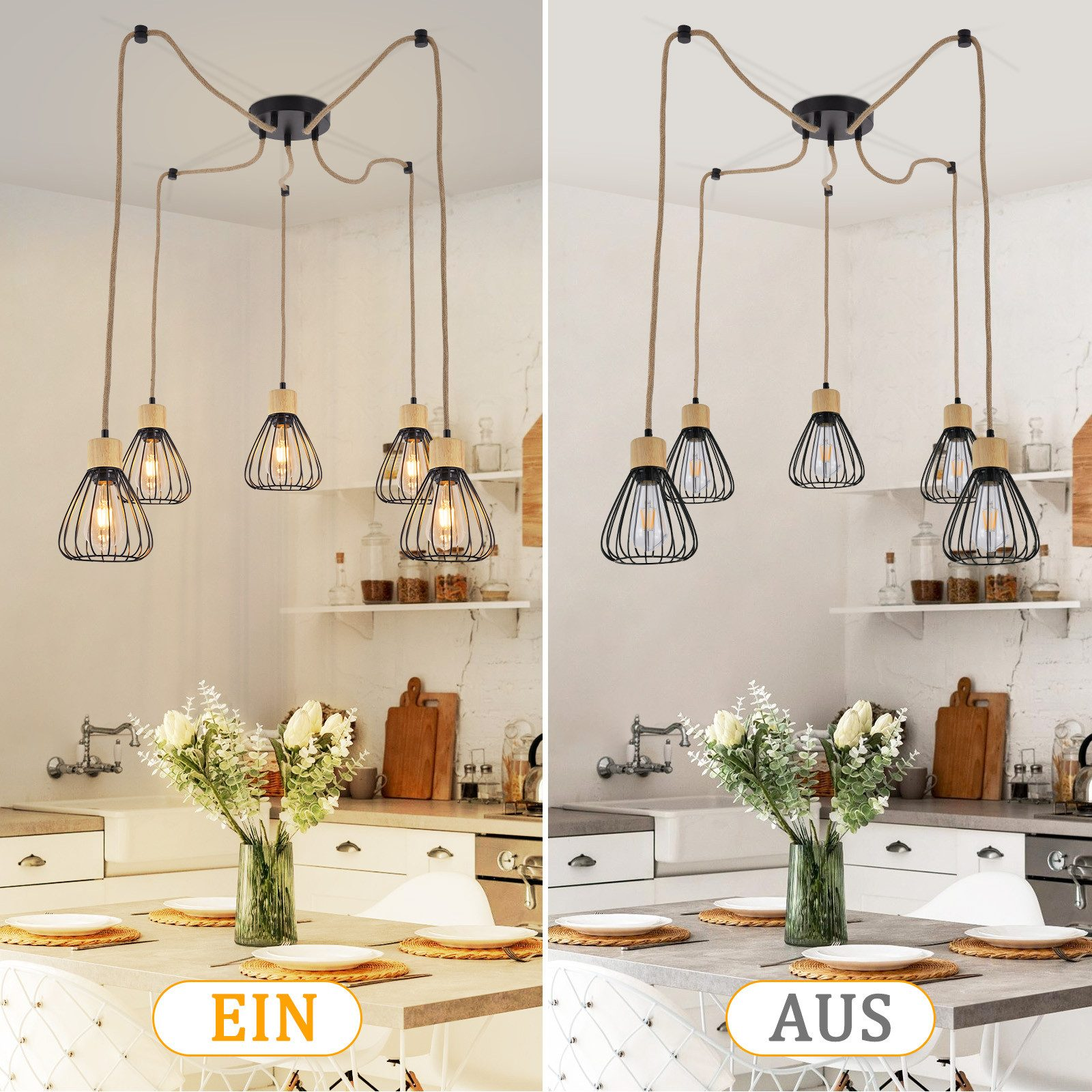 Due scene di cucina con lampade a sospensione. A sinistra luce calda, a destra luce fredda. Entrambe hanno fiori e un tavolo.