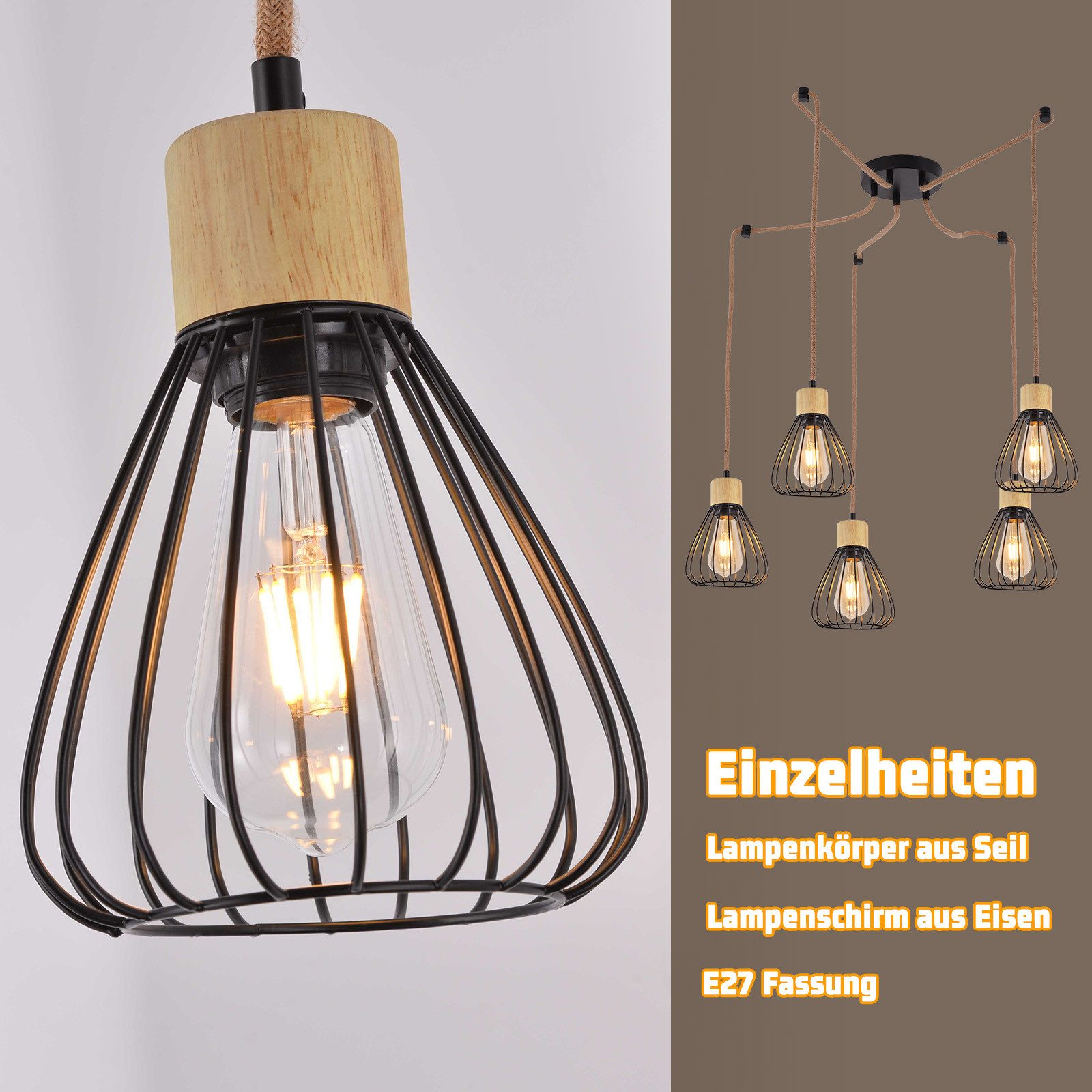 Primo piano di una lampada a sospensione con gabbia di filo nero e parte superiore in legno. Visibile una lampadina. Dettagli.