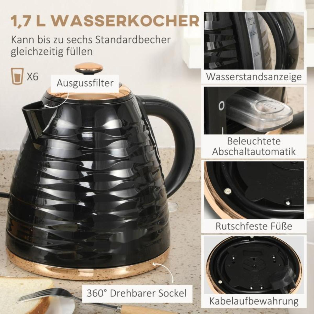Ein schwarzer Wasserkocher mit goldenen Akzenten. Merkmale sind eine Wasserstandsanzeige, ein Filter und ein Drehsockel.