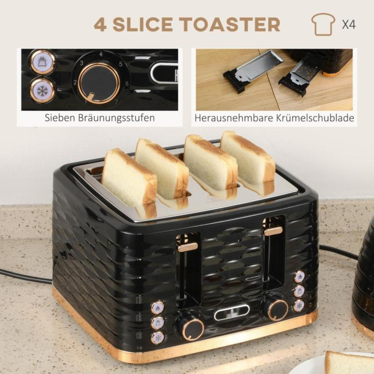 Ein schwarzer und goldfarbener 4-Schlitz-Toaster mit Brot darin und Details der Bedienelemente und der Krümelschublade.