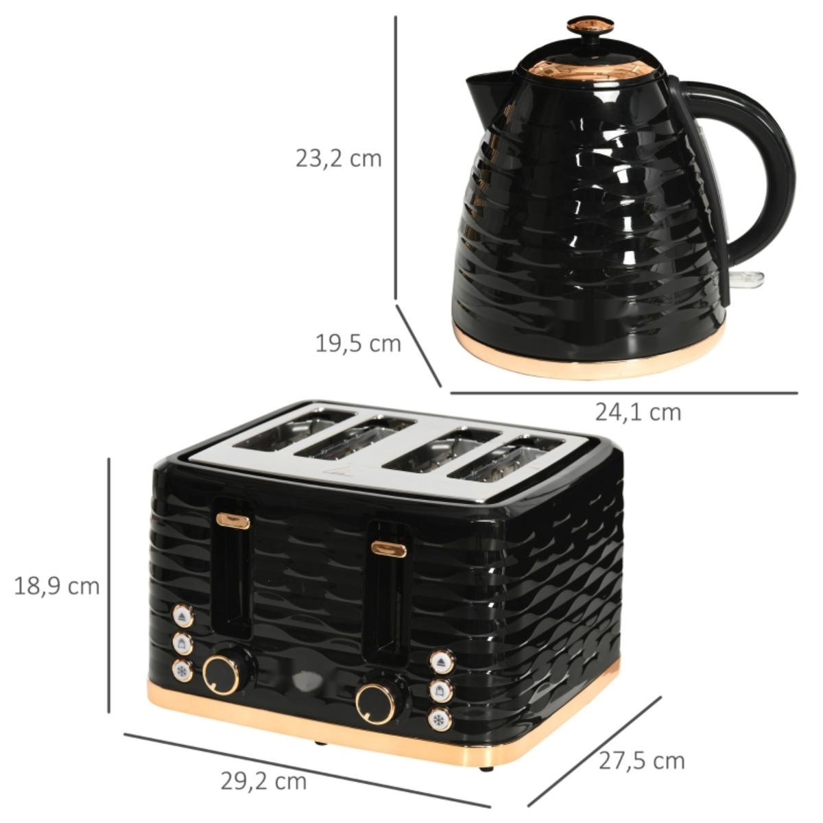 Ein Toaster- und Wasserkocher-Set mit Abmessungen. Der Toaster ist schwarz und goldfarben, der Wasserkocher ist auch schwarz und goldfarben.