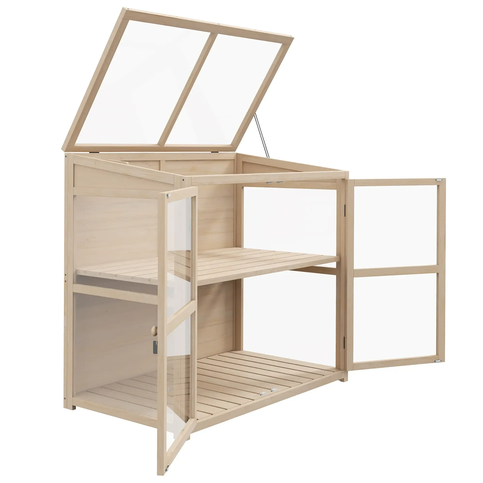 Gewächshaus aus Holz mit offenem Dach und Türen. Innenregale sind sichtbar. Das Gewächshaus ist leer.