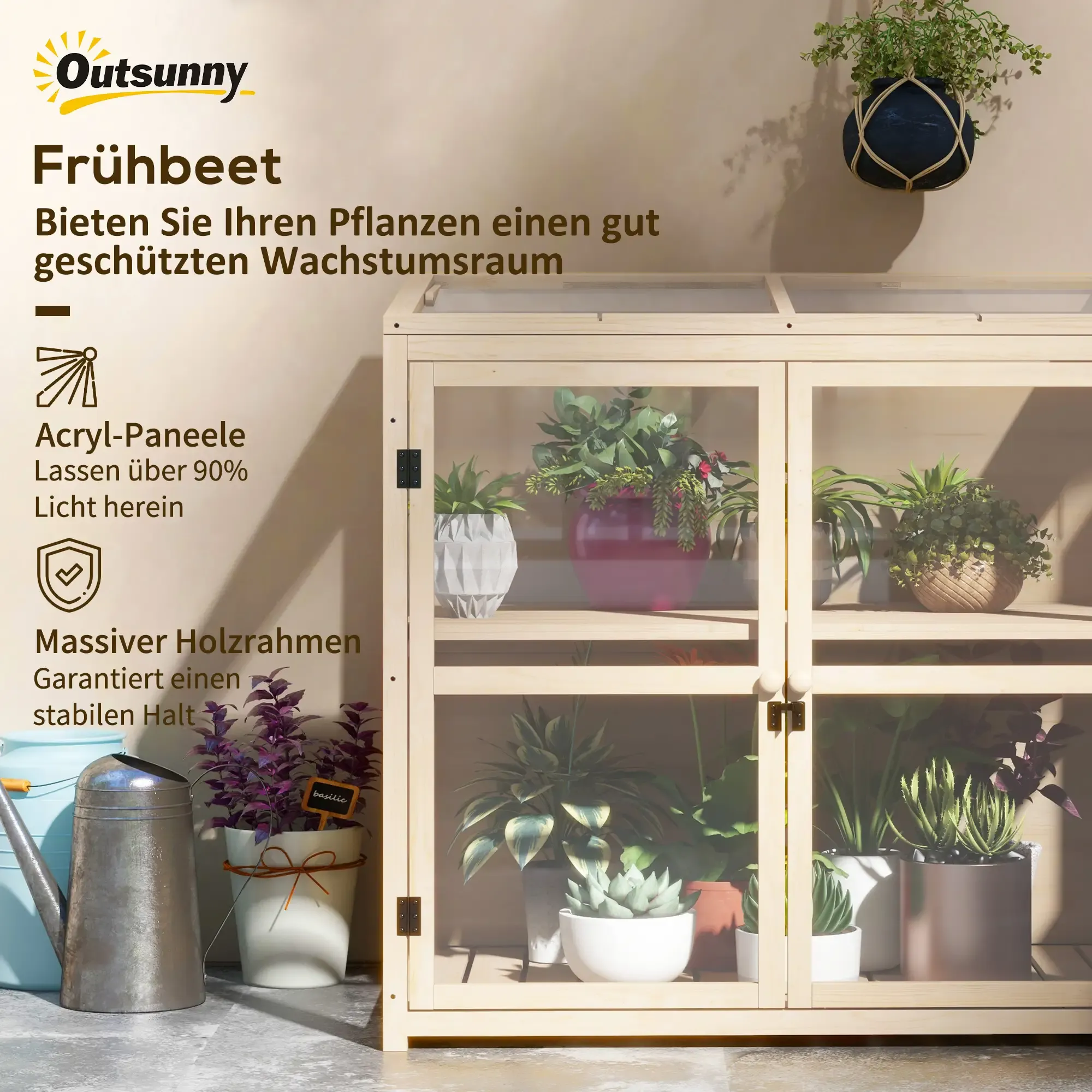Ein hölzernes Gewächshaus mit Pflanzen und Text über das Produkt. Es hat einen Holzrahmen und Acrylplatten.