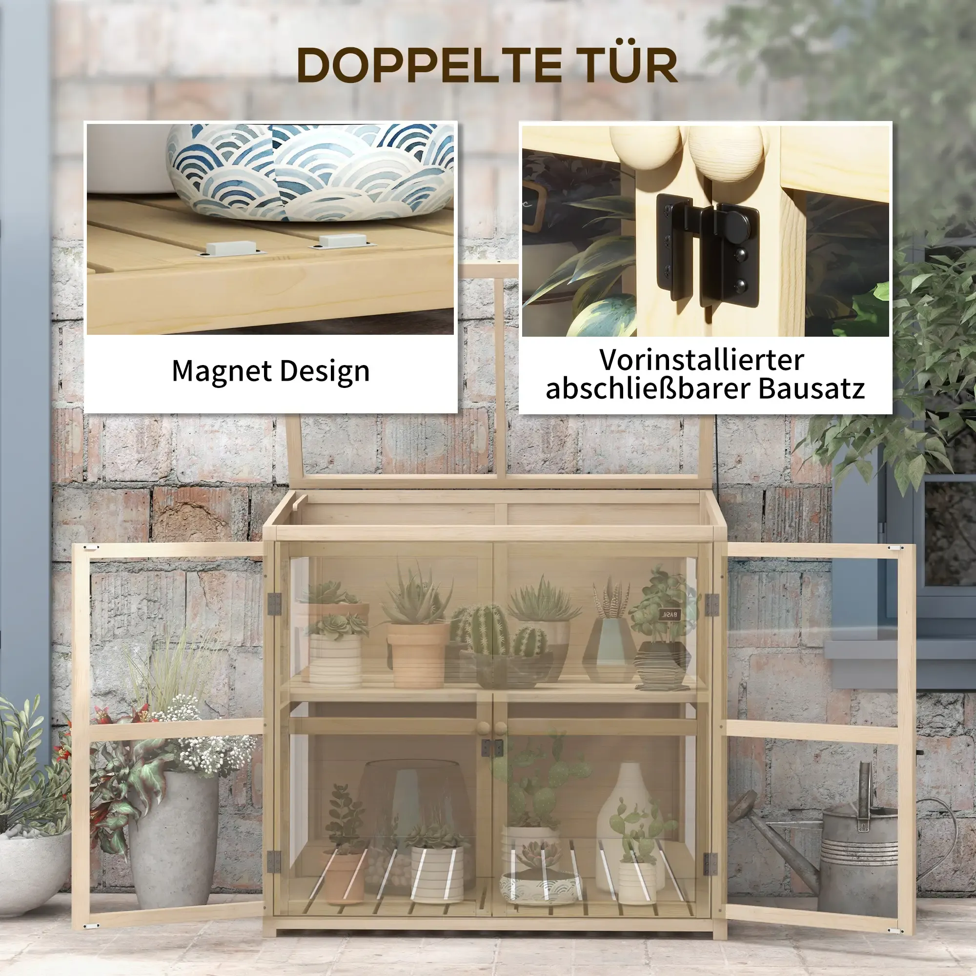 Gewächshaus aus Holz mit Doppeltüren und Pflanzen im Inneren. Details des Magnetdesigns und des Schlosses werden hervorgehoben.