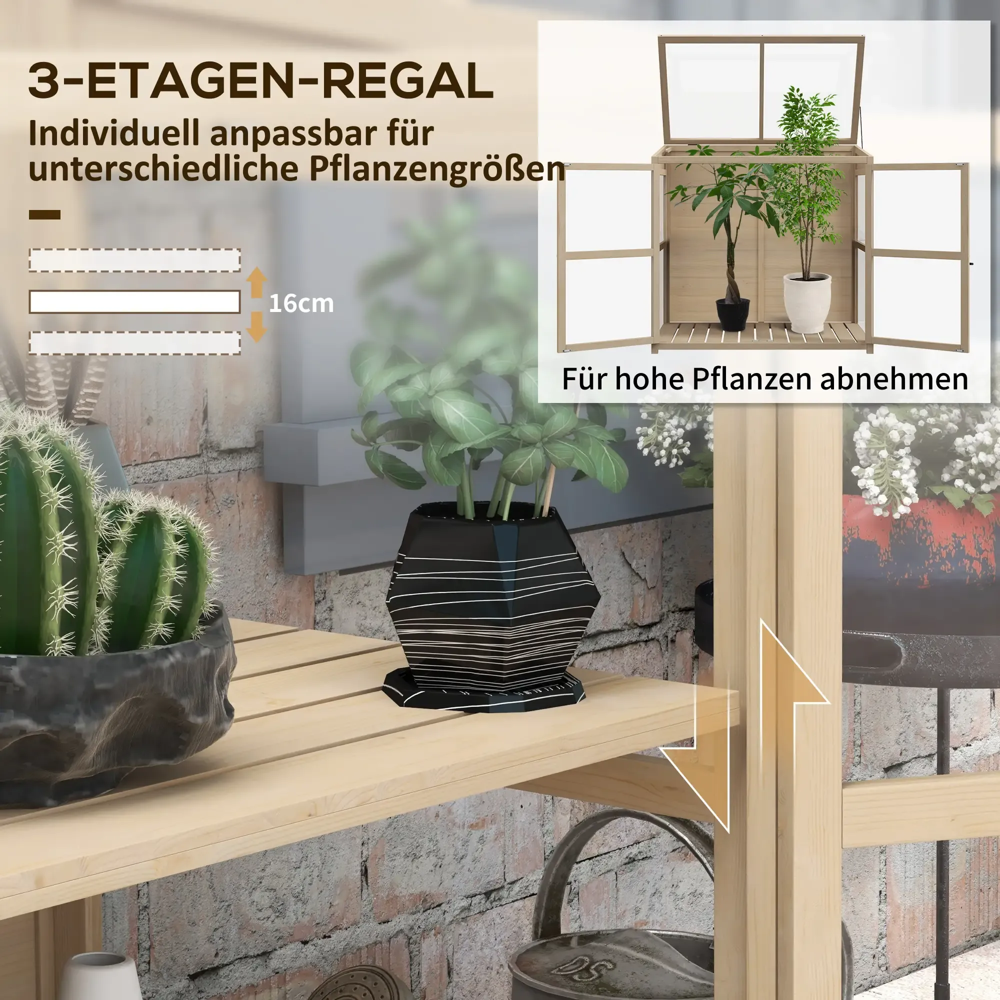 Ein hölzerner Pflanzenständer mit Pflanzen, einem Kaktus und Text auf Deutsch über verstellbare Pflanzengrößen.