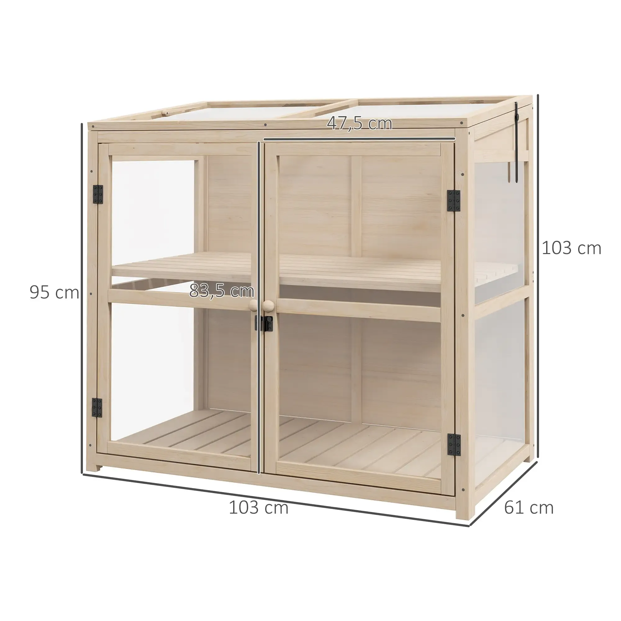 Ein hölzerner Pflanzenschrank mit transparenter Front. Er hat zwei Türen, Regale und Maße in Zentimetern.