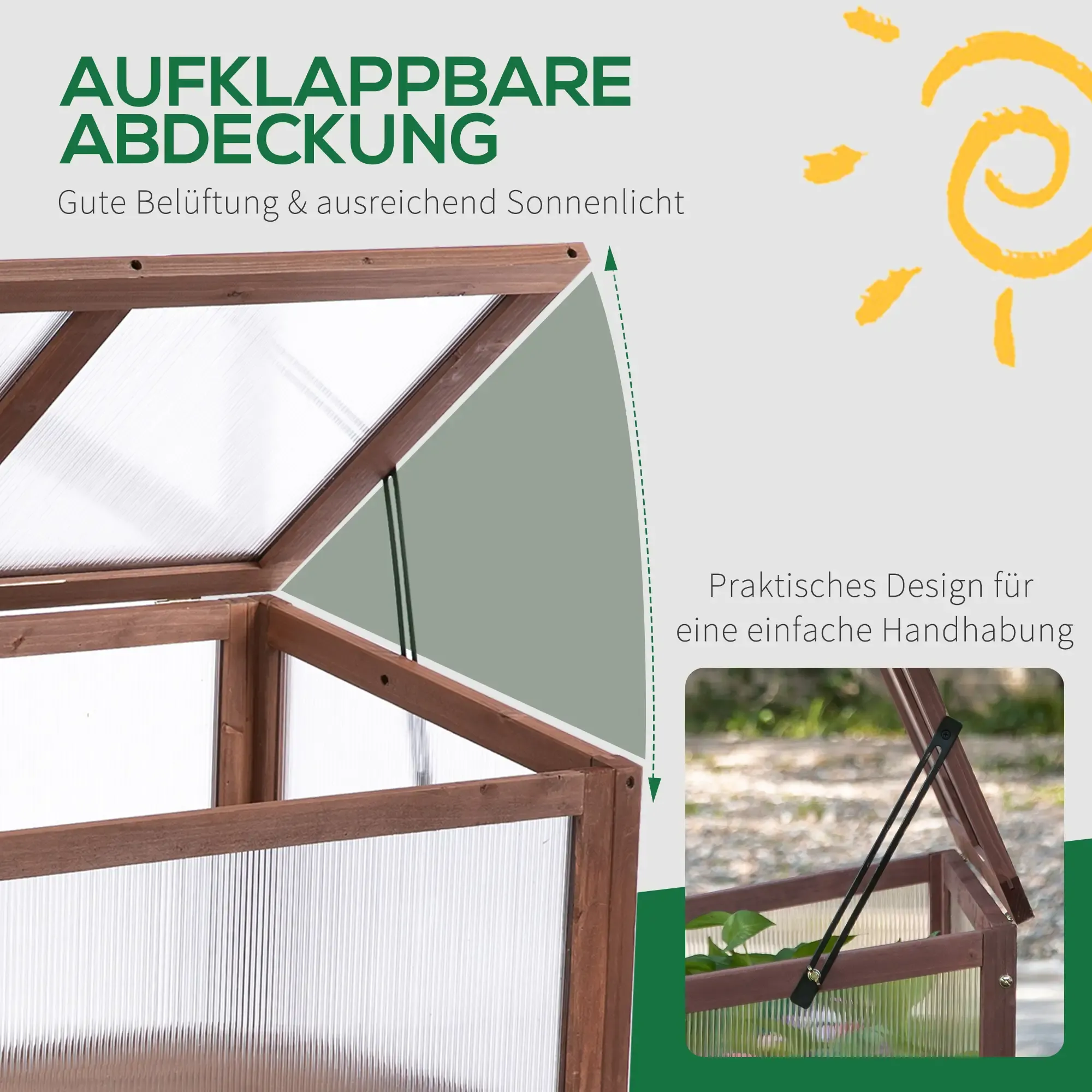 Nahaufnahme eines Holzgewächshausdeckels mit Text auf Deutsch über Belüftung, Sonnenlicht und einer Sonne.