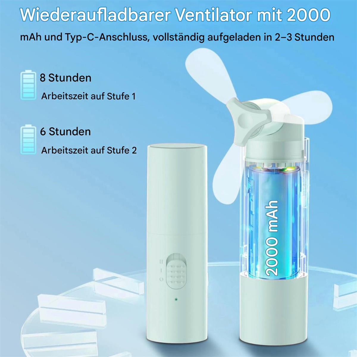 Zwei Mini-Ventilatoren werden angezeigt. Einer hat sichtbare Batterien, der andere drei kleine Flügel.
