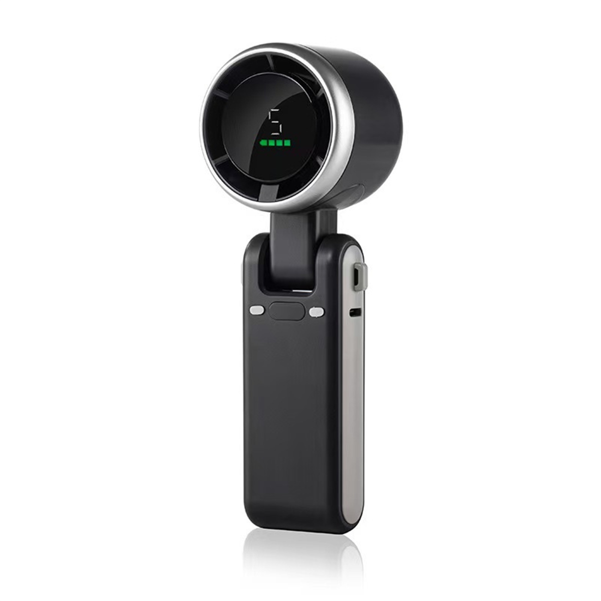 Ein schwarzer Mini-Ventilator mit digitaler Anzeige steht auf einem weißen Hintergrund und zeigt sein schlankes Design.