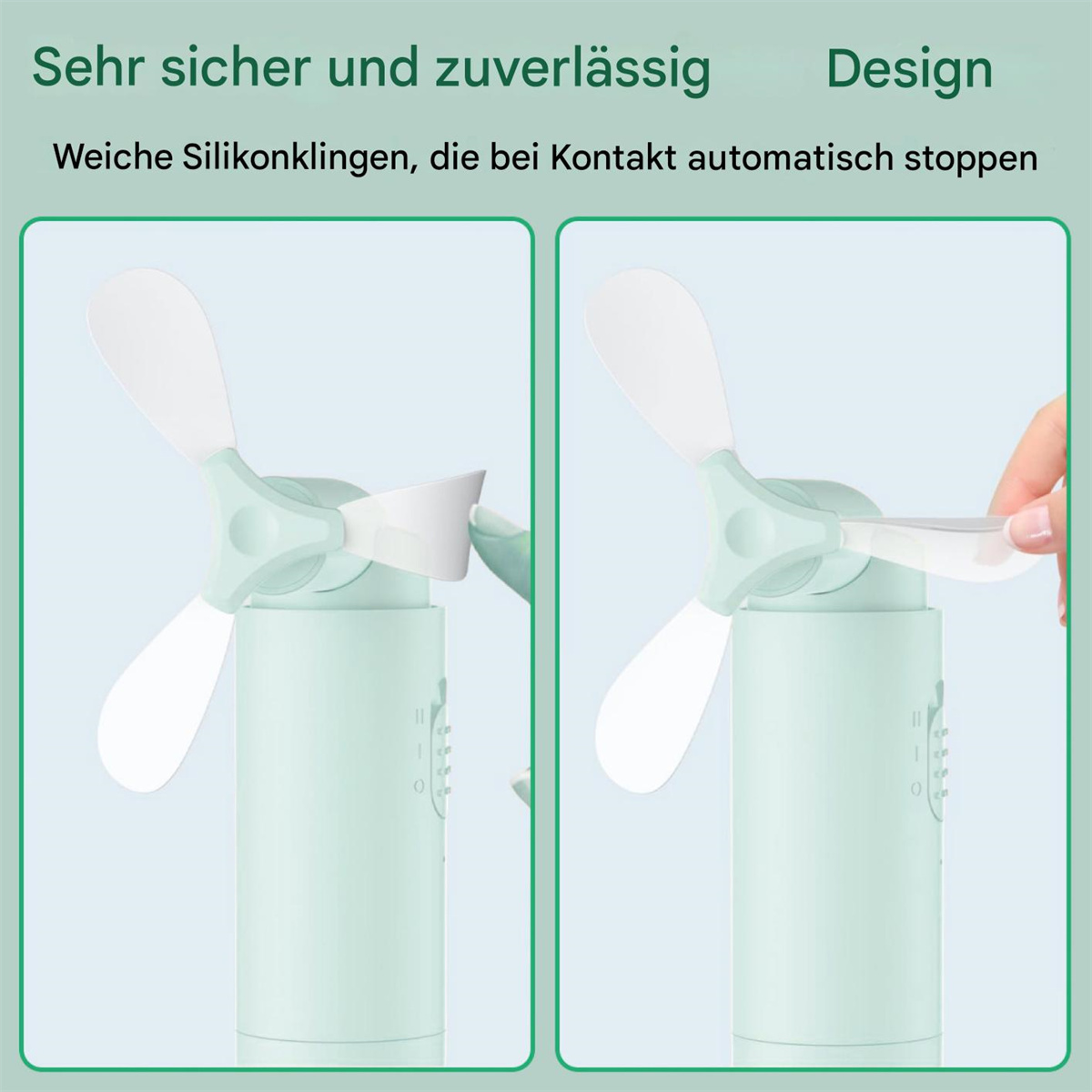 Zwei Bilder zeigen einen Mini-Ventilator mit flexiblen Silikonblättern, die bei Kontakt zur Sicherheit stoppen.