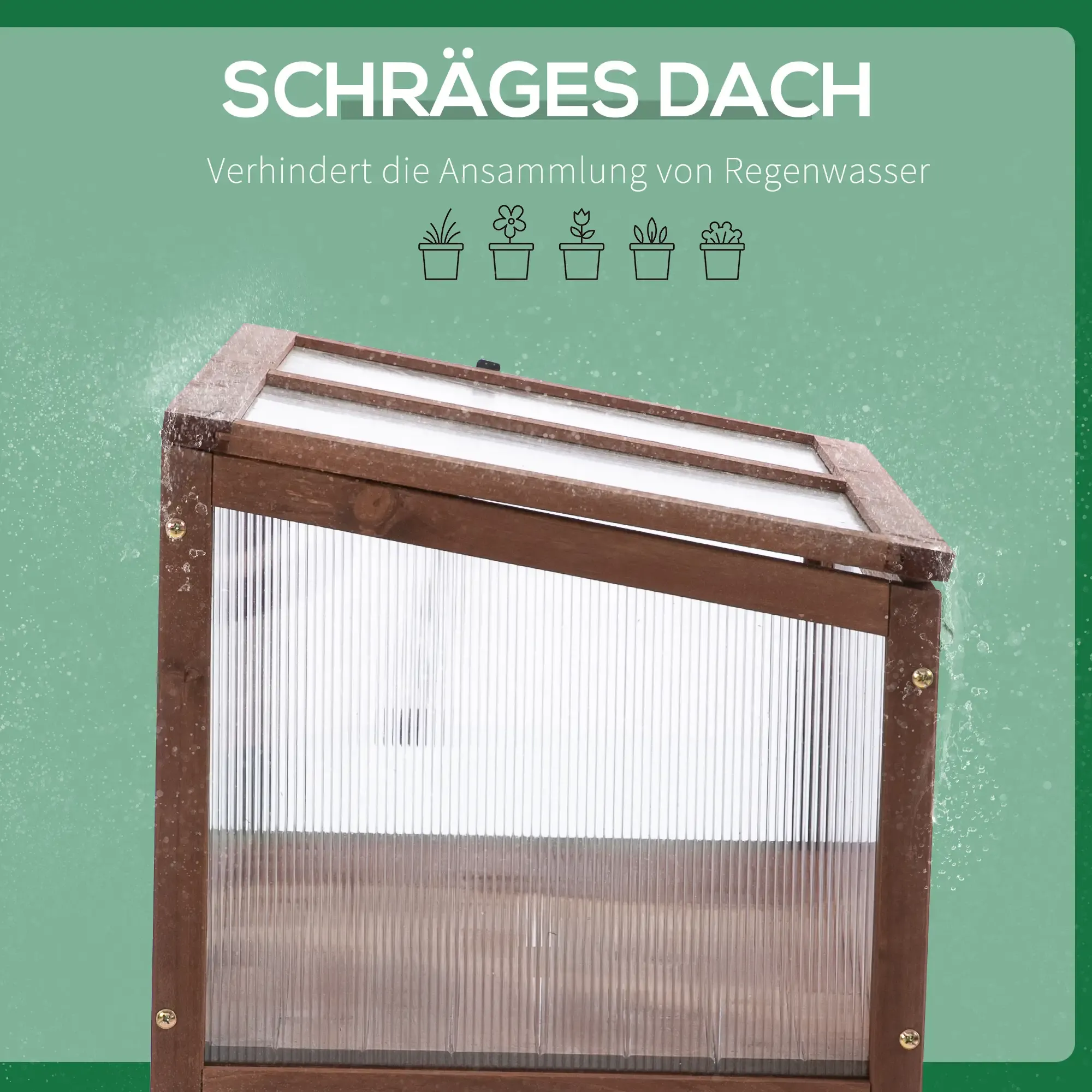 Ein hölzerner Frühbeetkasten mit schrägem Dach, der die Ansammlung von Regenwasser verhindern soll, wird gezeigt.