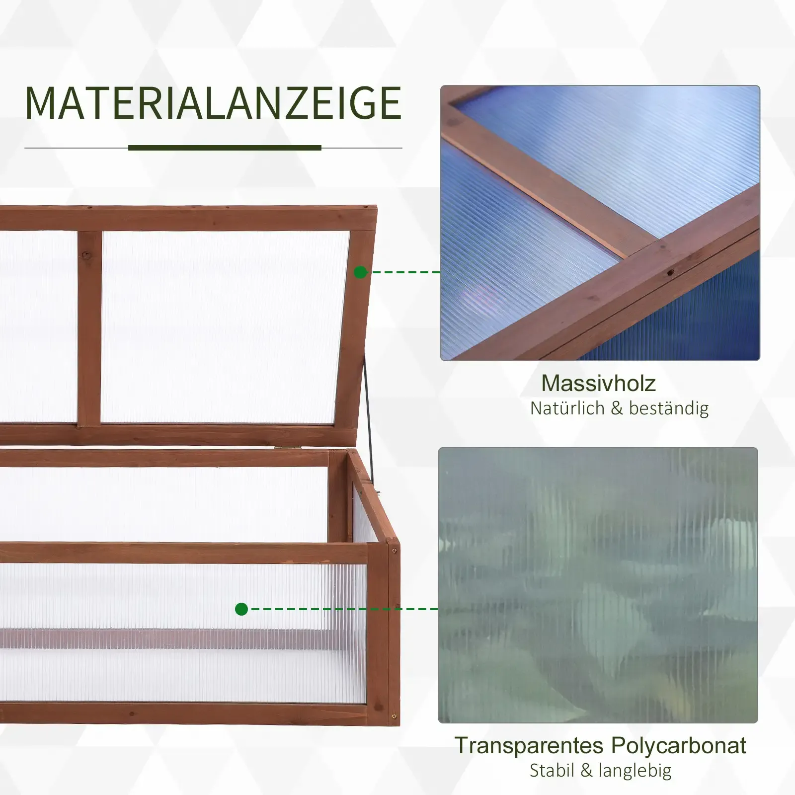 Nahaufnahme eines hölzernen Frühbeetkastens, der die Materialdetails von Holz und transparentem Polycarbonat hervorhebt.