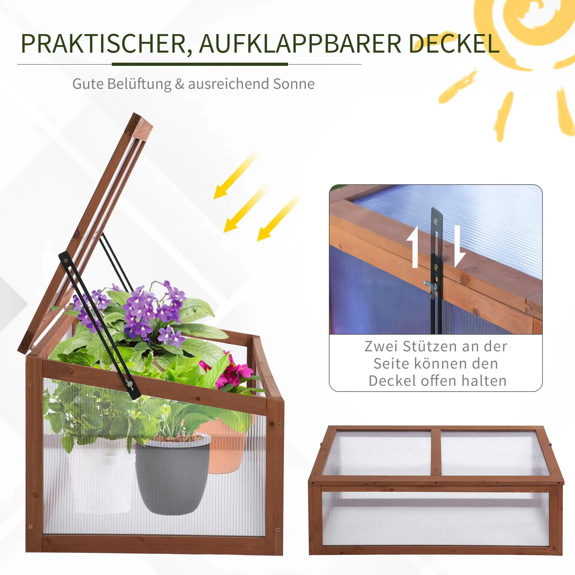 Ein Holzgewächshaus mit offenem Deckel. Pflanzen stehen darin. Eine Sonne-Illustration im Hintergrund.