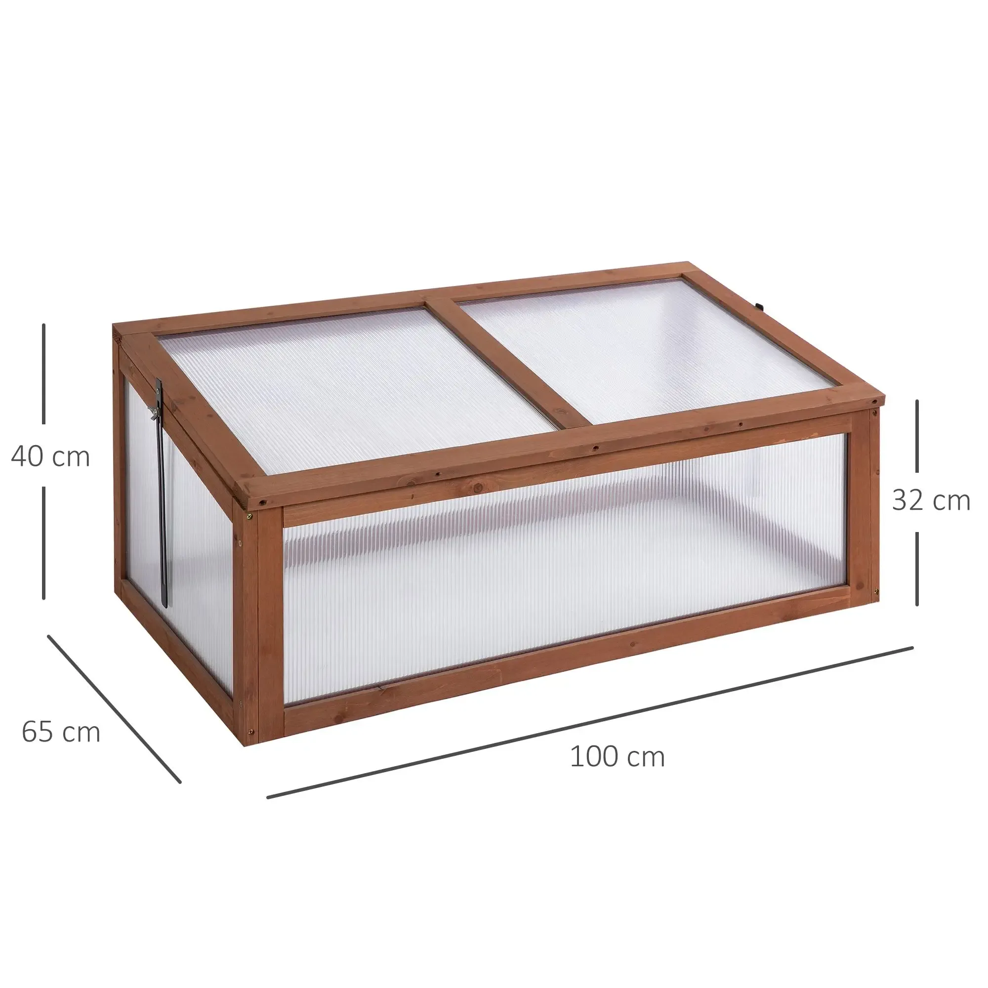 Ein Holzgewächshaus. Abmessungen: 40 cm Höhe, 65 cm Breite, 100 cm Länge und 32 cm Tiefe.