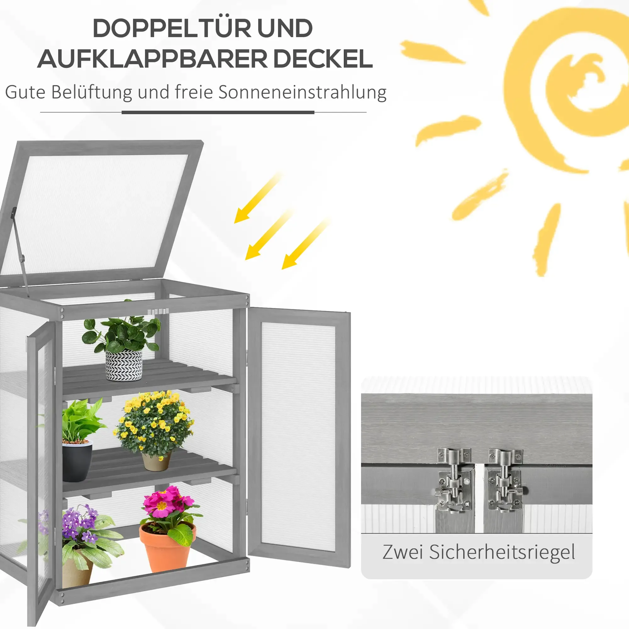 Ein graues Gewächshaus mit offenem Dach und offener Tür. Pflanzen stehen auf Regalen. Sonne-Illustration.