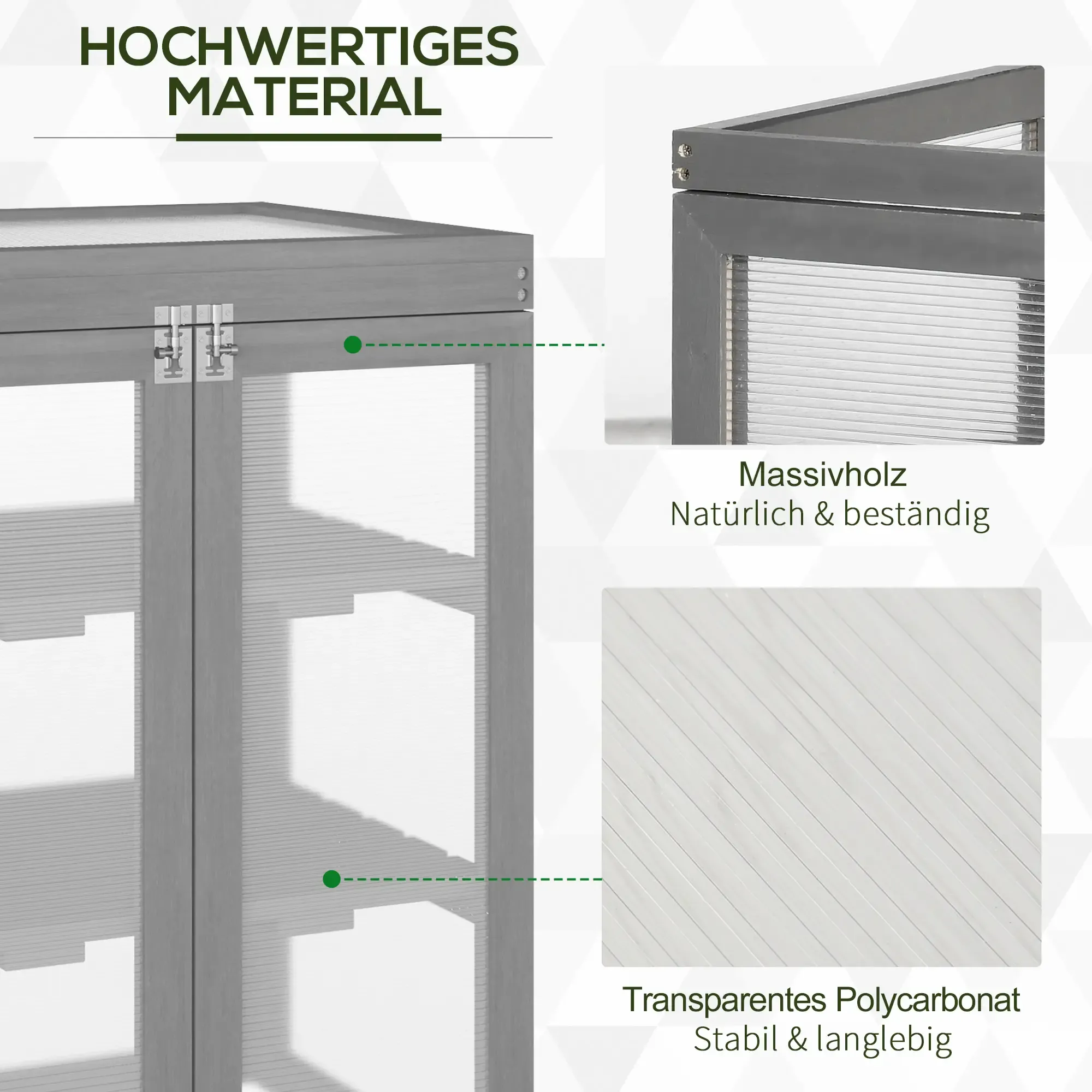 Nahaufnahme von Teilen eines grauen Holzgewächshauses. Zeigt Scharniere, transparentes Polycarbonat und Massivholz.