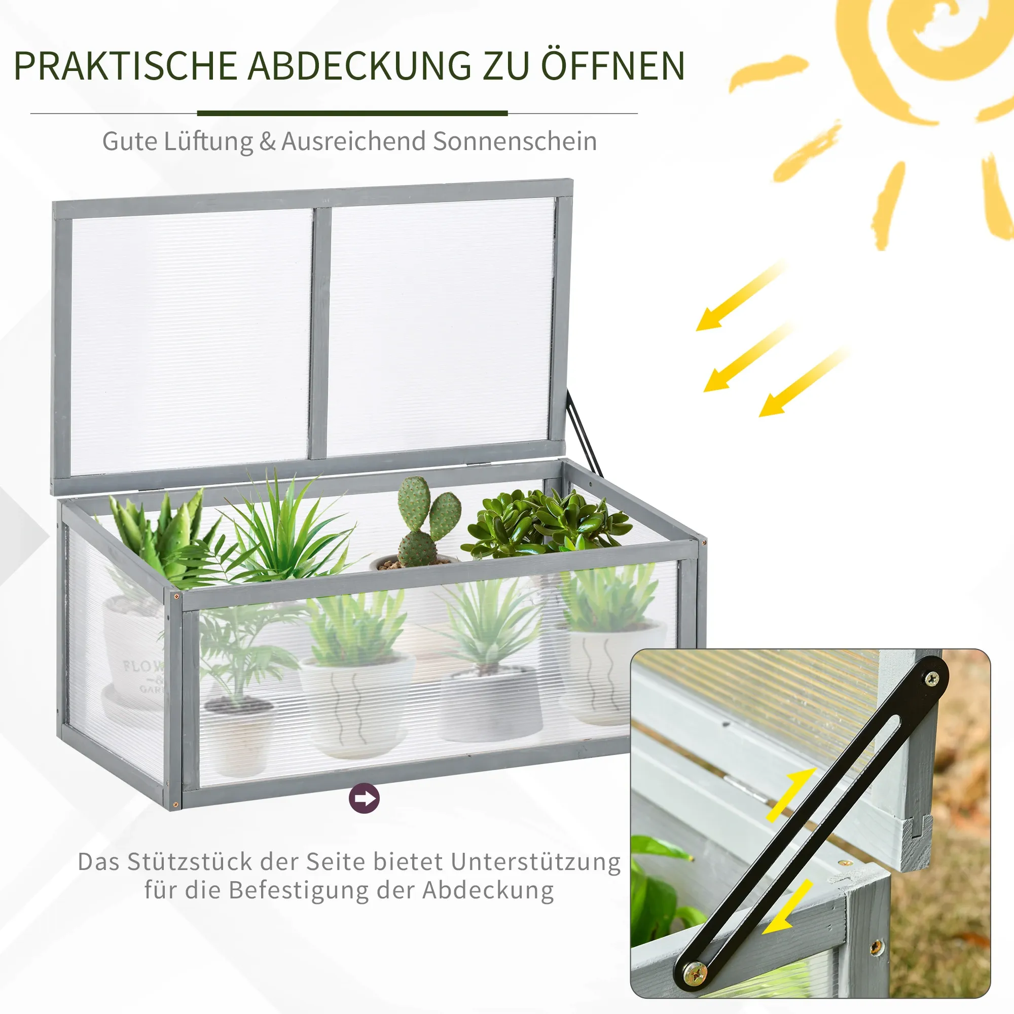Gewächshaus mit offenem Deckel. Pflanzen innen, Sonnenillustration rechts oben.