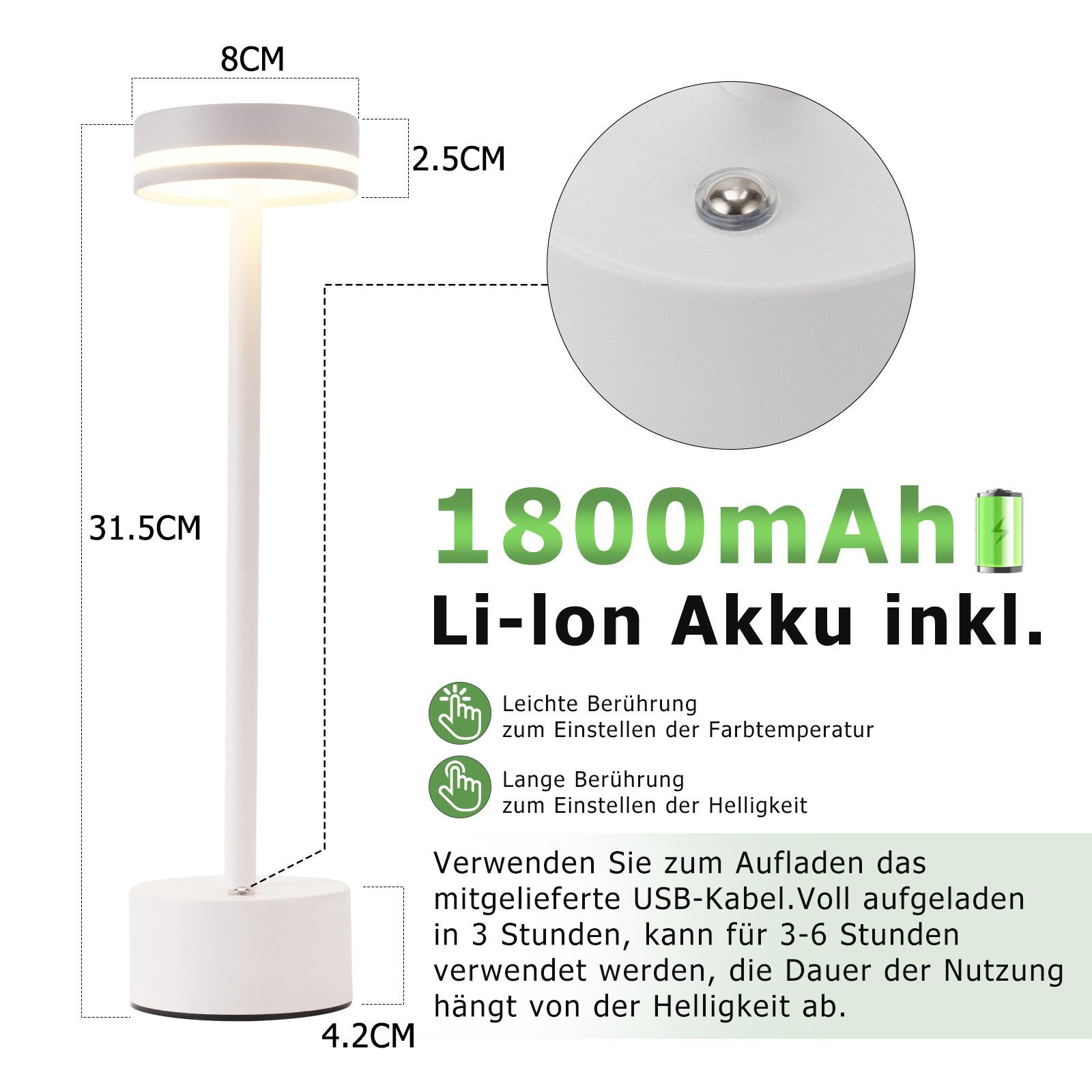 Biała lampa stołowa z tekstem opisującym jej cechy, w tym pojemność baterii i sterowanie dotykowe.