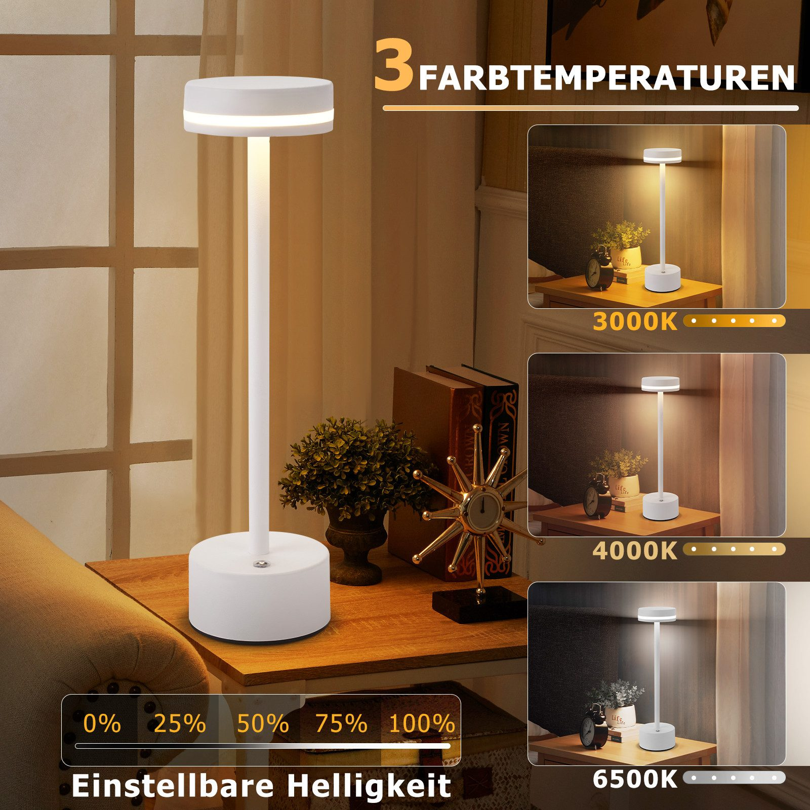 Biała lampa stołowa z regulowanymi ustawieniami jasności. Wyświetlane są trzy różne temperatury barw.
