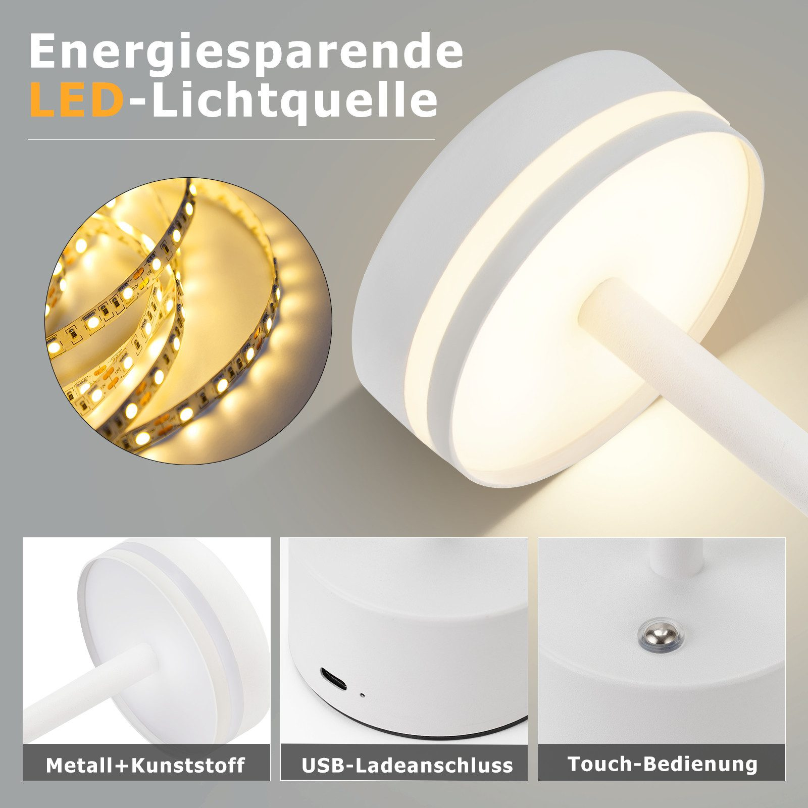 Biała lampa stołowa ze szczegółami źródła światła LED, portu ładowania USB i sterowania dotykowego. Tekst w języku niemieckim.