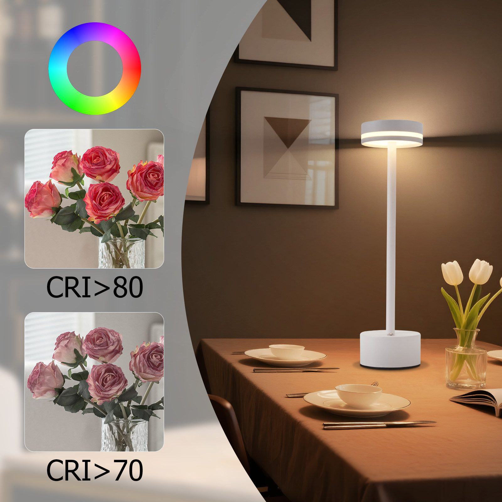 Obraz przedstawia nakrycie stołu z białą lampą, różami i naczyniami. Lampa emituje ciepłą poświatę.