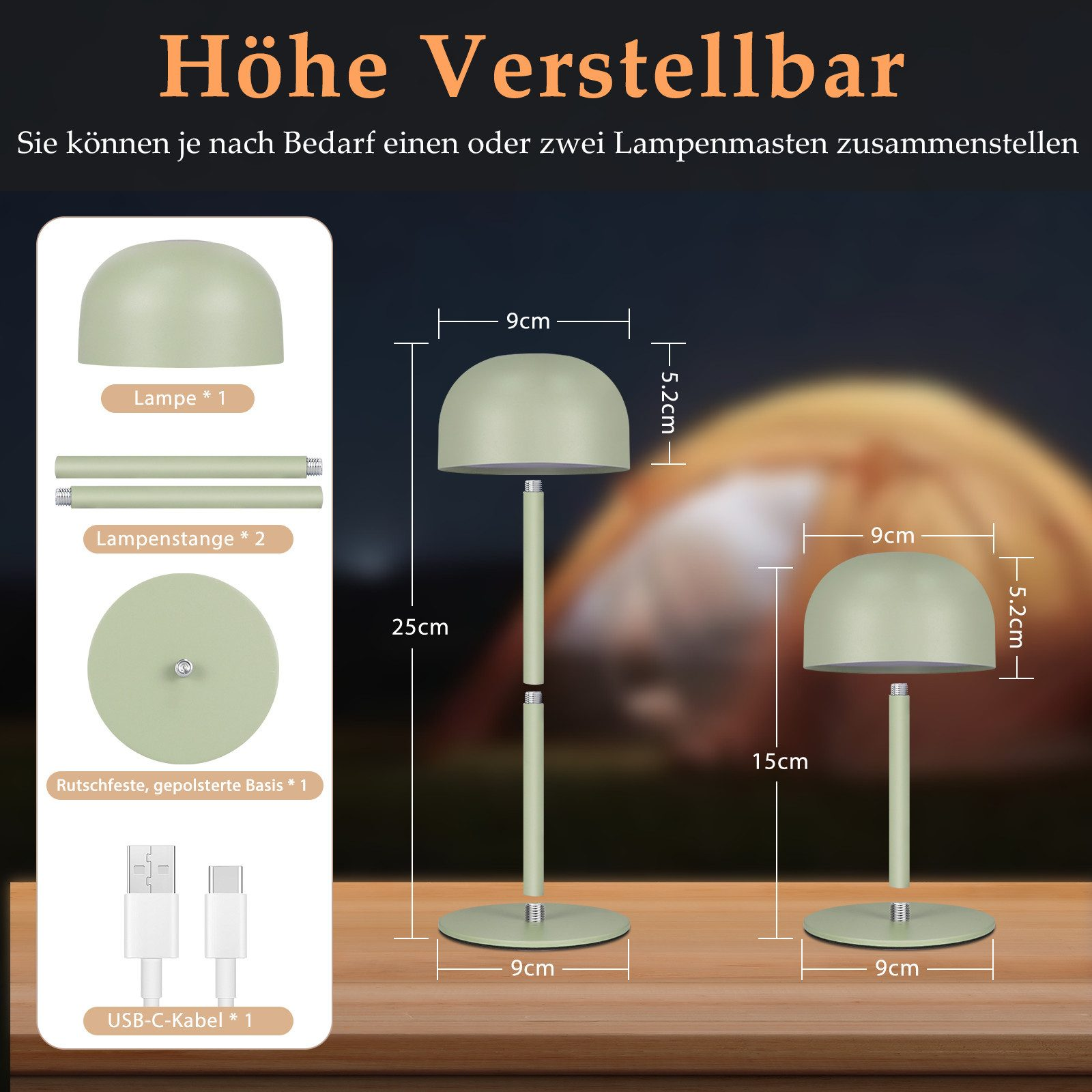 Zielona lampa z regulowaną wysokością. Pokazano elementy, wymiary i kabel USB.