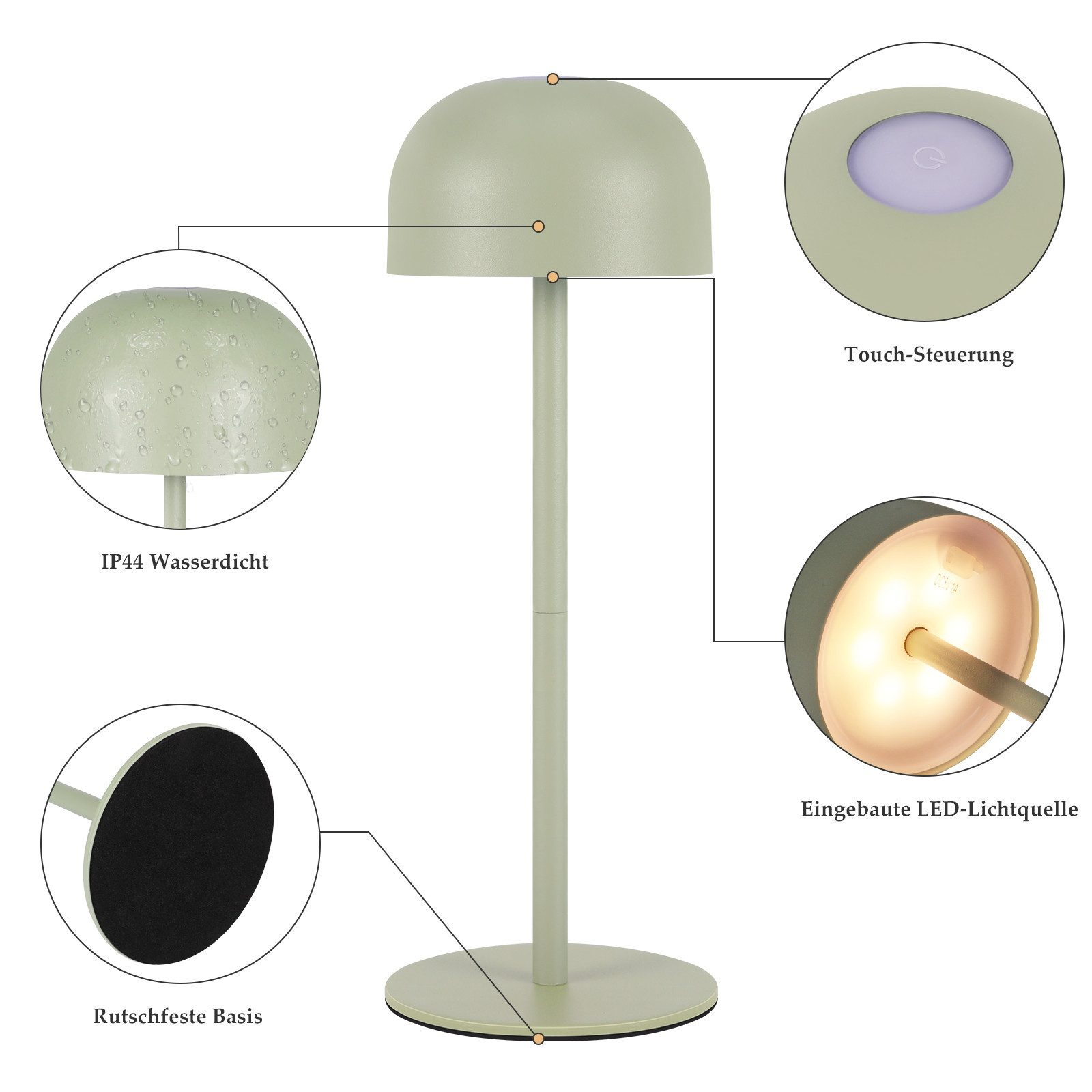 Zielona lampa ze szczegółami: sterowanie dotykowe, IP44 wodoodporność, antypoślizgowa podstawa, źródło światła LED.