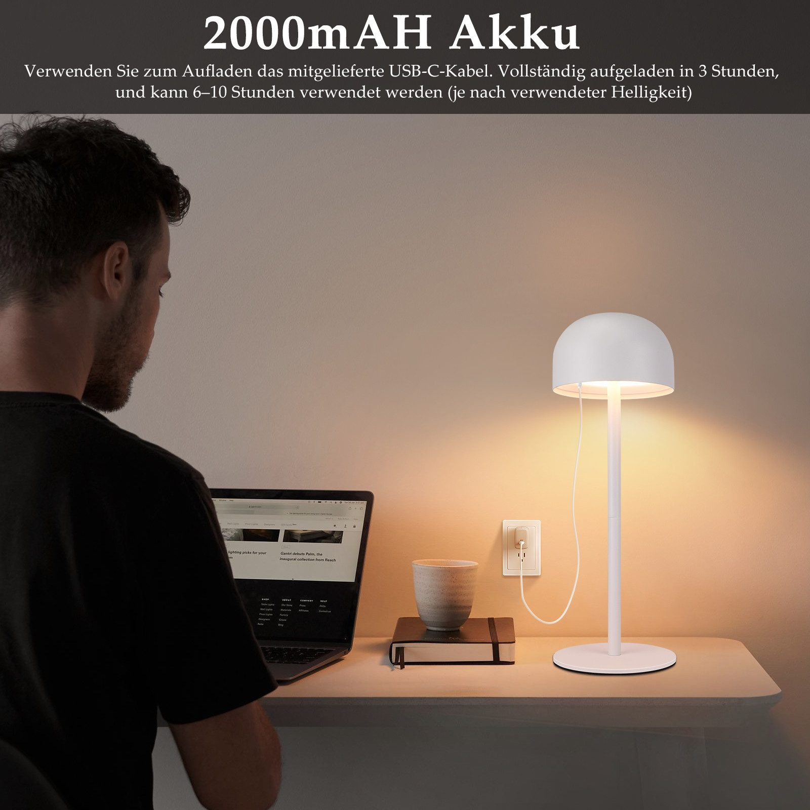 Osoba używa białej lampy podczas korzystania z laptopa. Lampa stoi na białym stole.