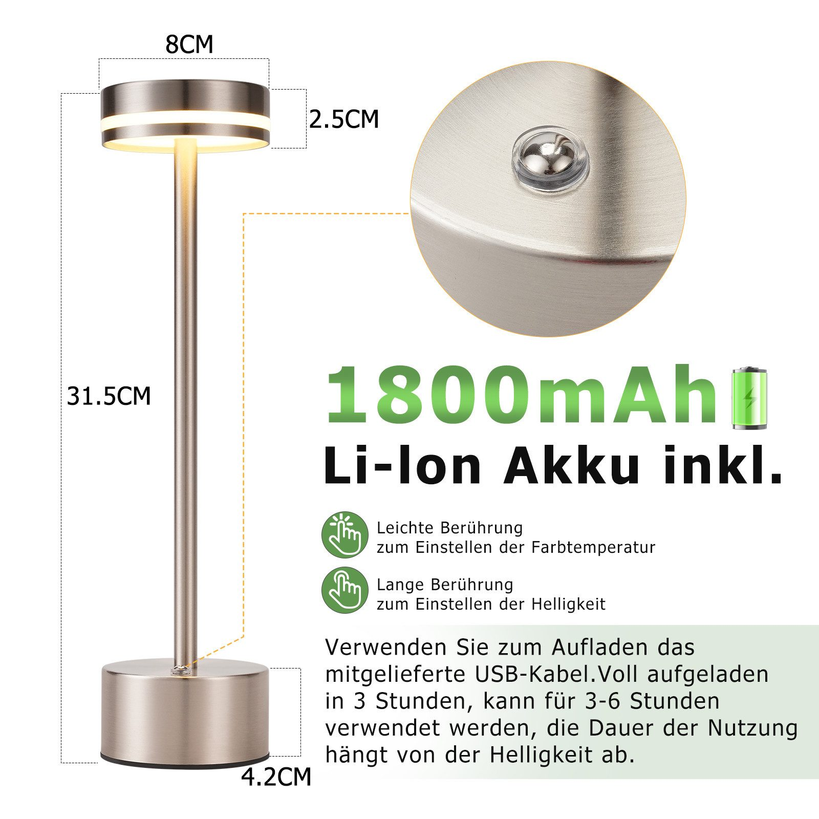 Srebrna lampa dotykowa jest wyposażona w akumulator litowo-jonowy o pojemności 1800 mAh, ładowanie USB i regulowaną temperaturę barwową.