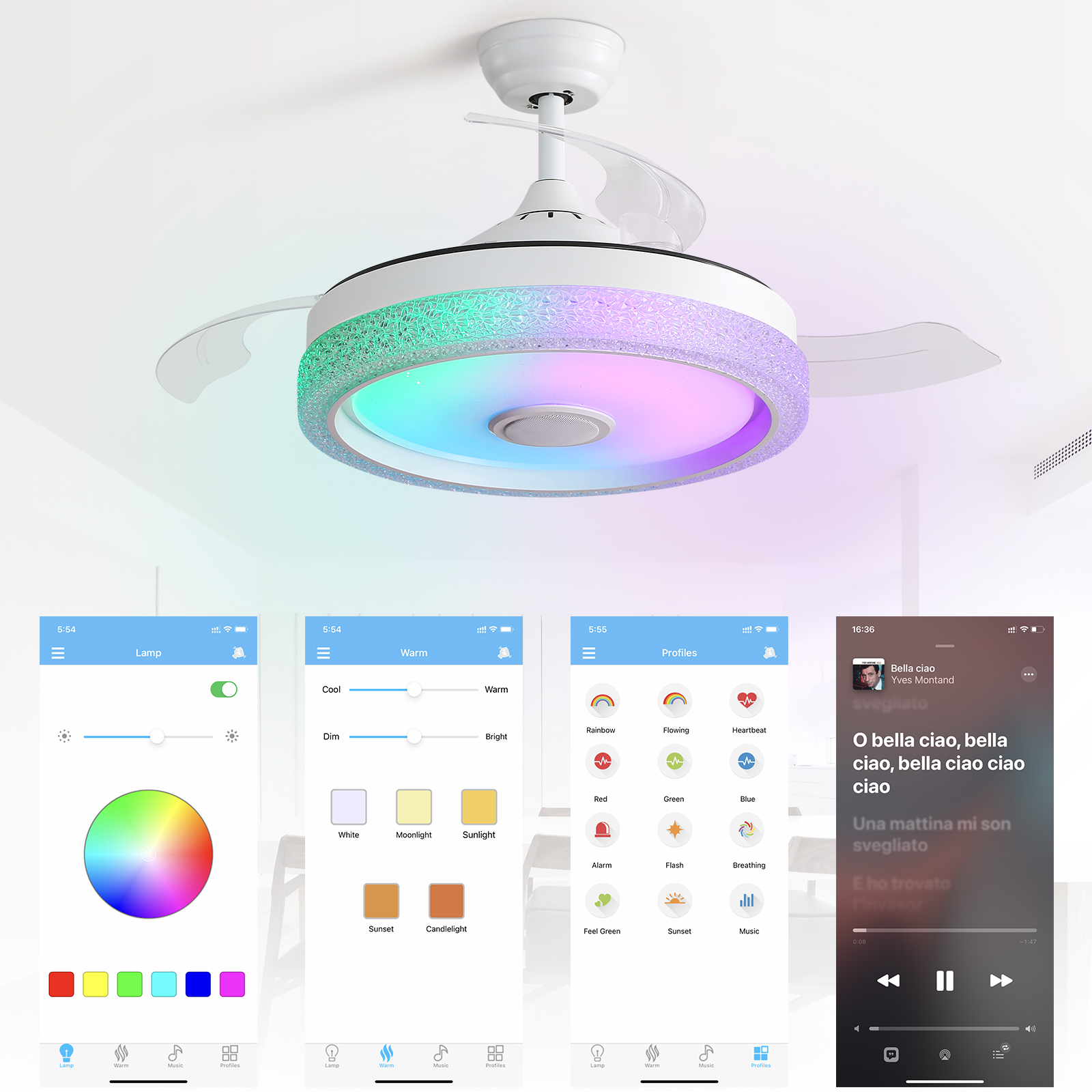 Weißer Deckenventilator mit farbwechselndem LED-Licht und Fernbedienungs-App-Oberflächen, die Einstellungen für Licht und Musik anzeigen.