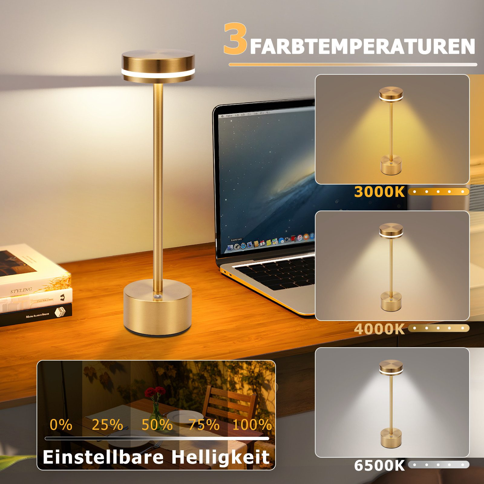 Złota lampa stoi na drewnianym biurku obok laptopa i książek, prezentując regulowane oświetlenie.